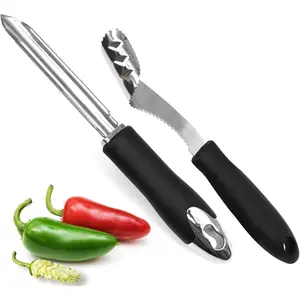 Jalapeno Pepper Corer Set of 2 Stainless Steel Corer with Serrated Slice and Rubber Handle Core Deseeder for Jalapenos Chilis Bell Peppers Zucchini Cucumber