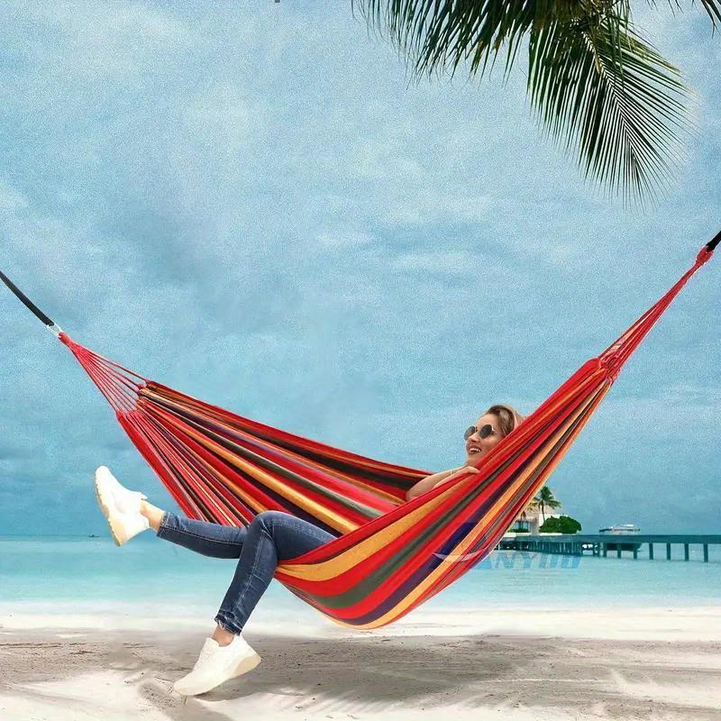 1 piece of 330-pound load-bearing anti-overturning color fabric hammock-with tree-friendly straps and portable storage bag, durable polyester material, essential for outdoor camping, indoor leisure, colorful design, weather-resistant fabric