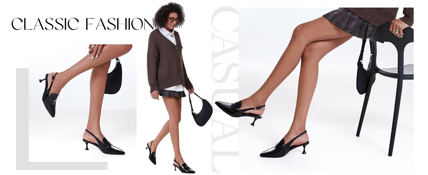 Coutgo Womens Pointed Toe Sandals Slingback Kitten Heel Pumps Slip On Ankle Buckle Dress Shoes