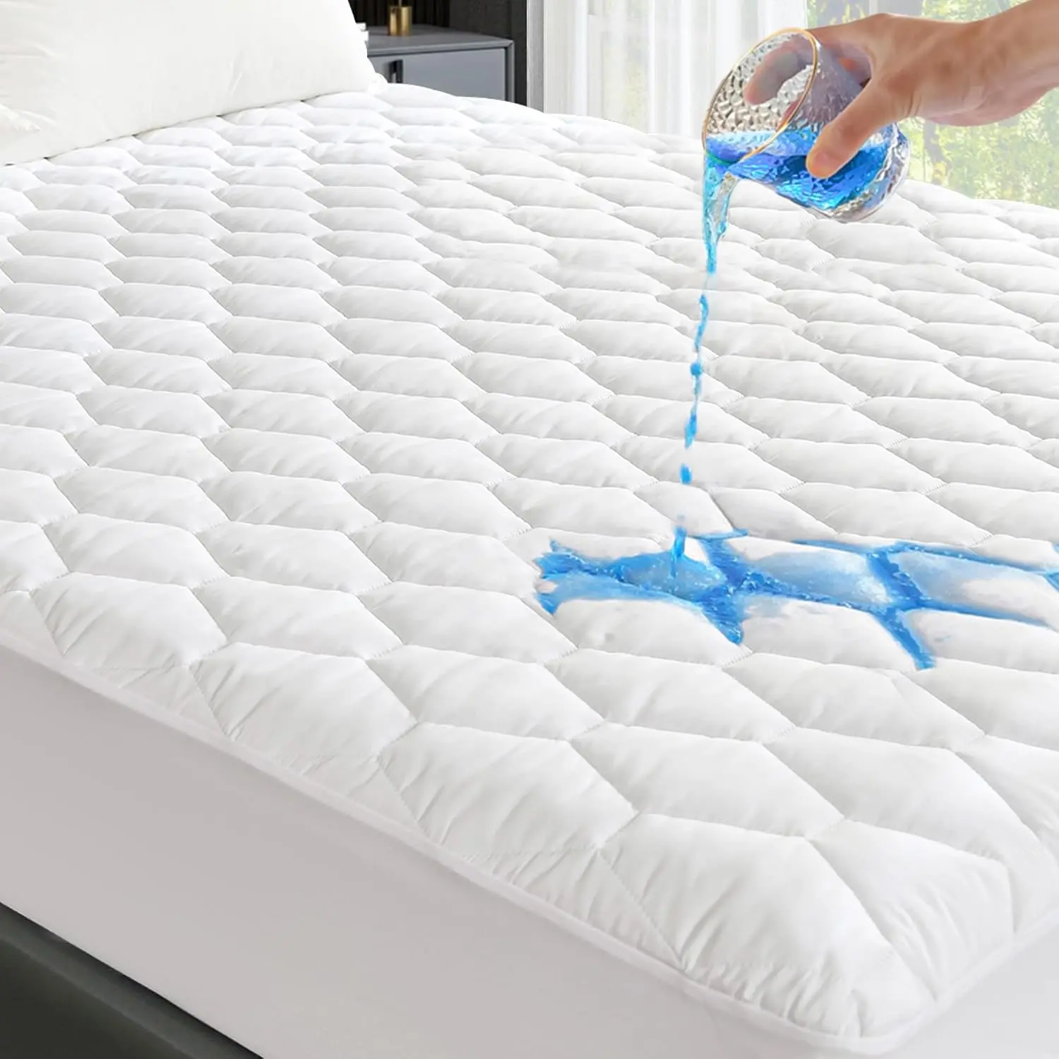 Twin Mattress Protector Waterproof, 100% Waterproof Quilted Fitted Mattress Pad, Noiseless Hollow Cotton Mattress Cover, fits up to 18" Deep, Dust White