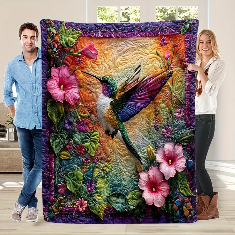 1 piece of bohemian-style colorful hummingbird and floral print flannel blanket - soft, warm, suitable for all seasons, ideal for sofas, beds, offices, and travel - vibrant mixed colors, machine washable, a perfect gift for family and friends