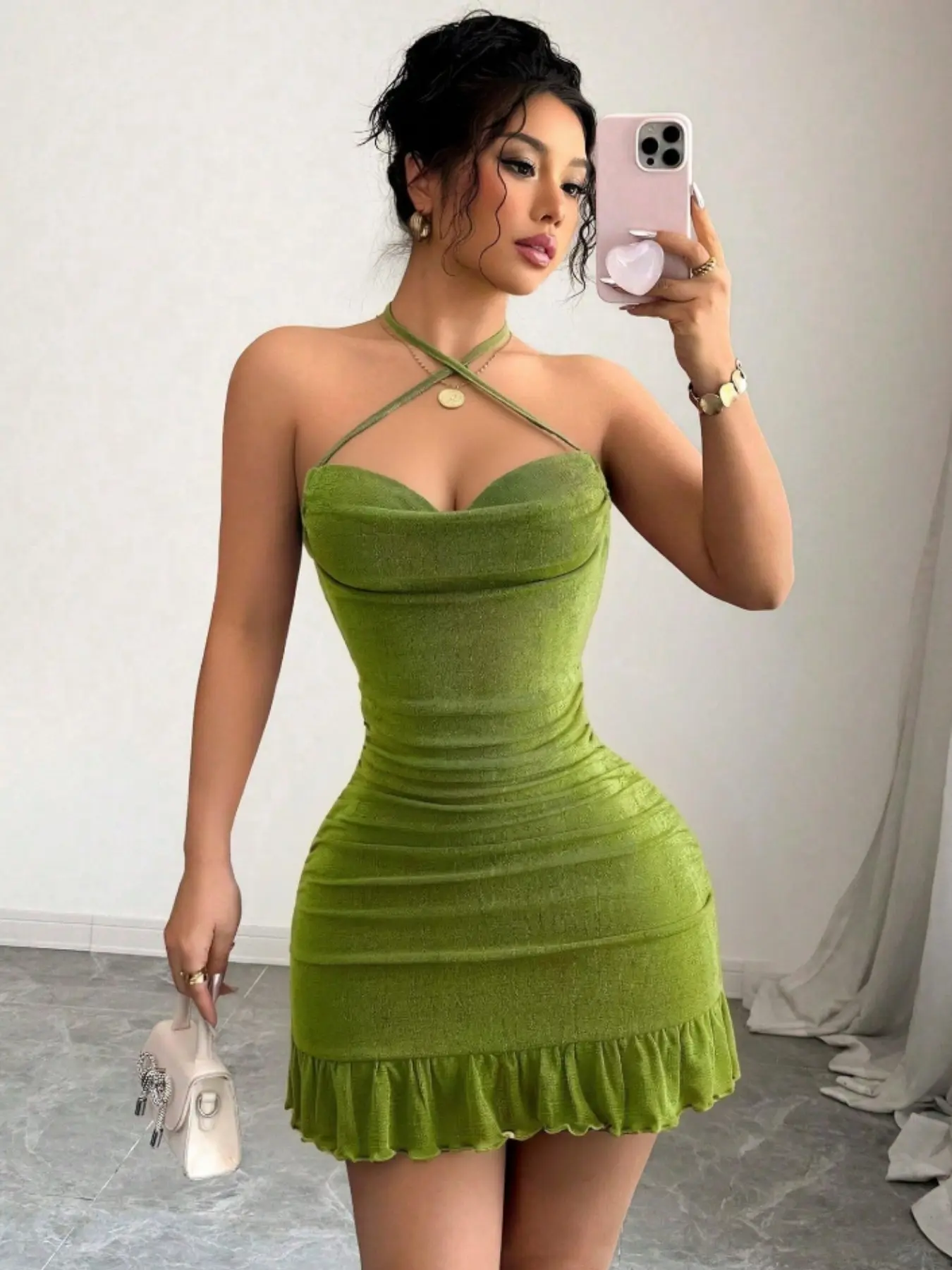 Women's Crisscross Halter Neck Cowl Neck Ruched Bodycon Ruffle Hem Sleeveless Mini Dress, Avocado Green Sexy Y2K Short Dress, Perfect for Date Night, Club Party, Birthday, Evening Cocktail Dress, Vacation, Trendy Summer Going Out Outfit for Ladies