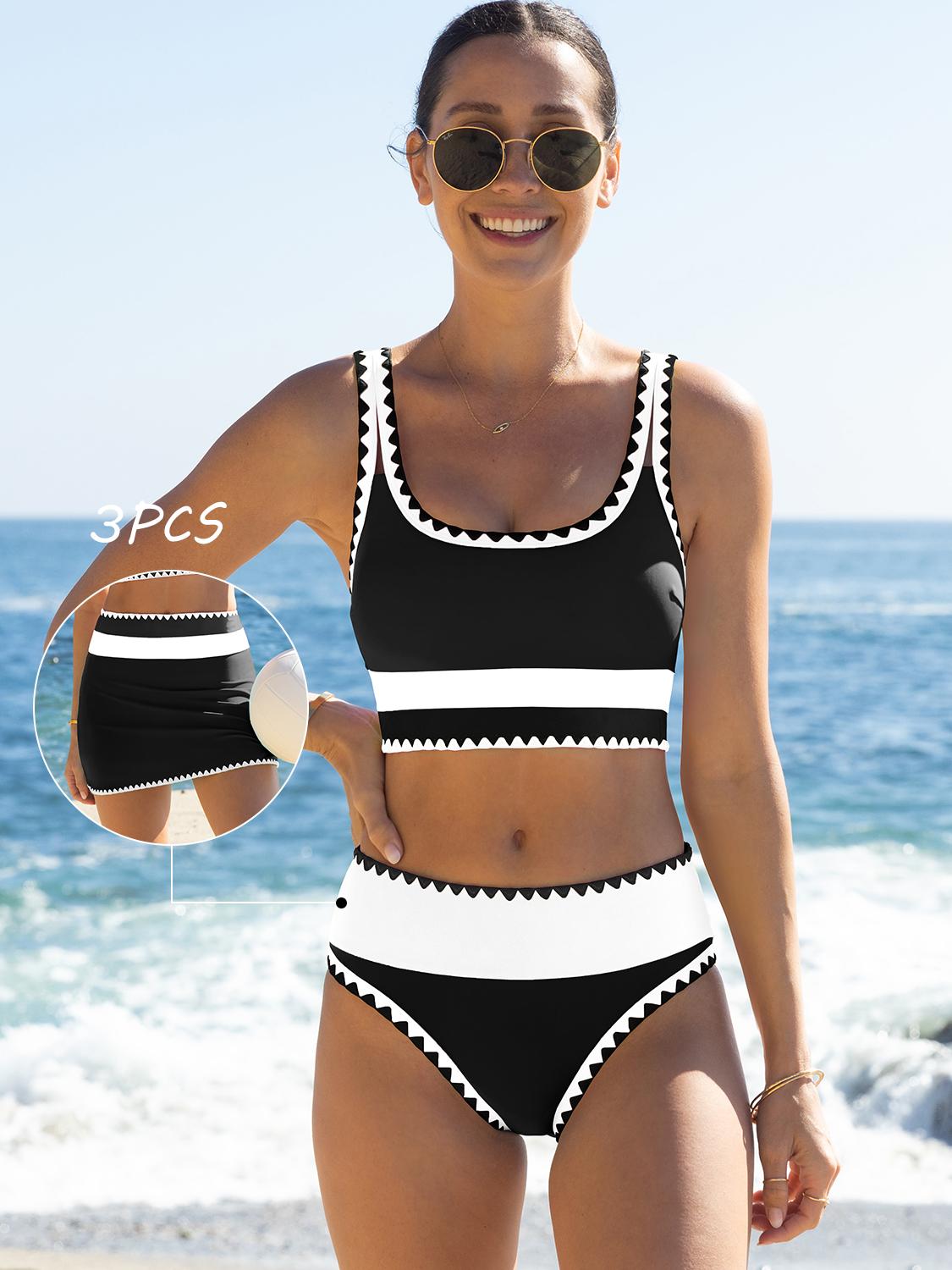 Popvil Beachball Kayaking 3 Piece Bikini Sets,Tummy Control & High Waisted Swimsuit with Adjustable Wide Shoulder Straps, Neon Color Sporty Swimsuit