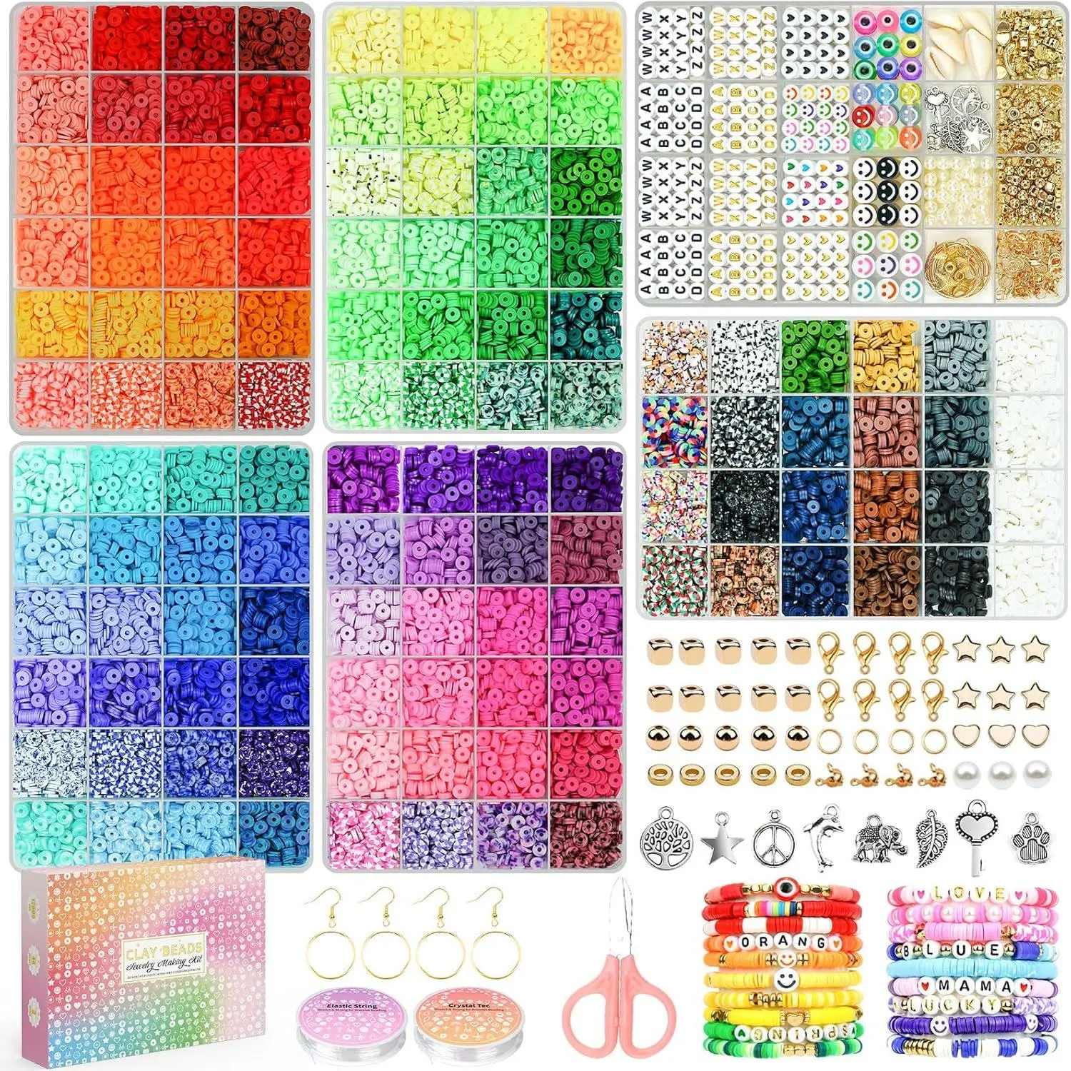 20,000 Pcs Clay Beads Bracelet Making Kit, 120 Colors 6 Boxes Polymer Beads Spacer Beads & Jewelry Kit with Pendant Charms Elastic Strings, Crafts Gift for Kids Adults