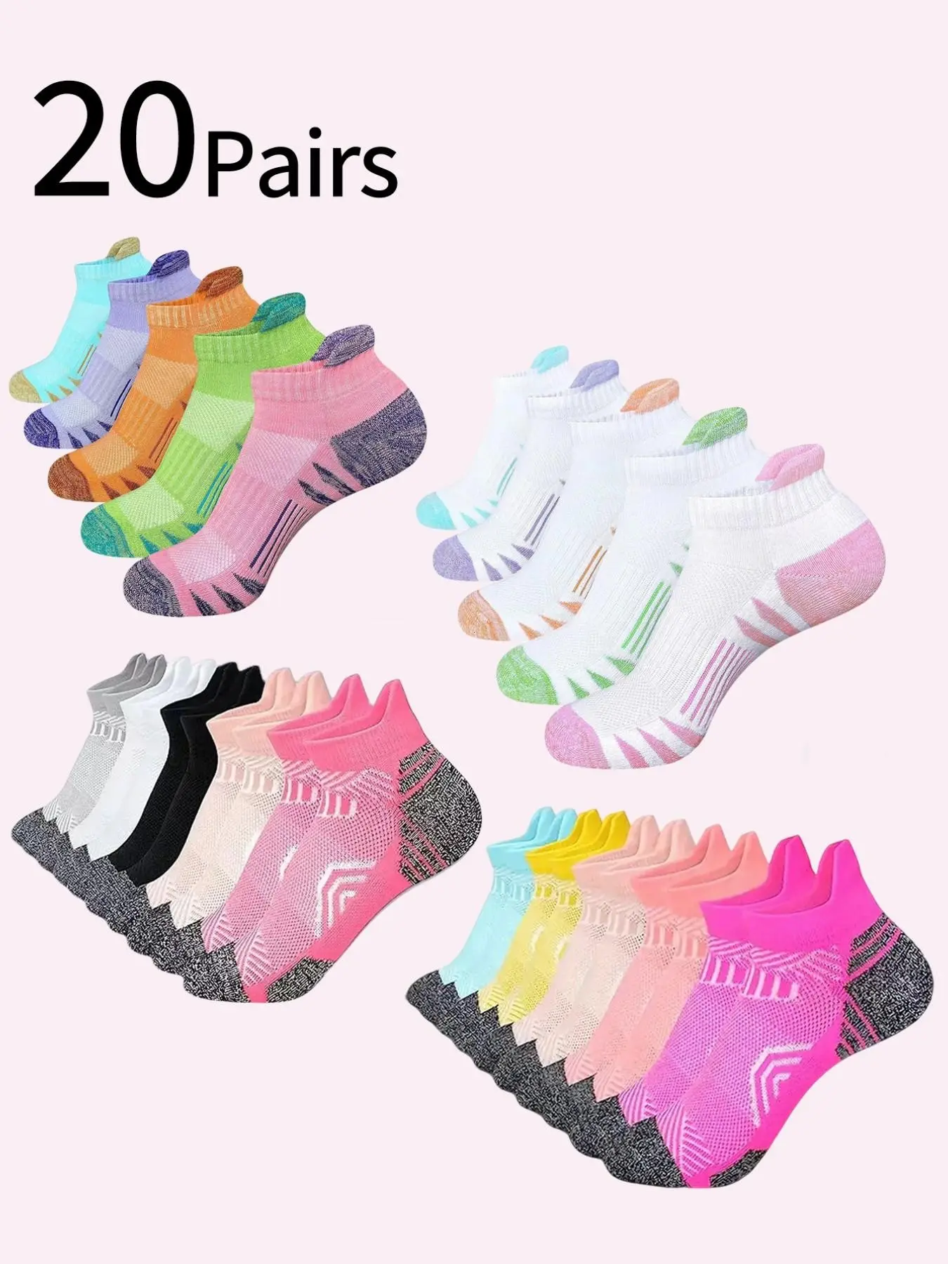 20 Pairs Women's Running Socks, Marathon Sports Socks, Workout Socks, Shock Absorption, Short Cuff, All Seasons, Unisex, Jump Rope Cycling Socks