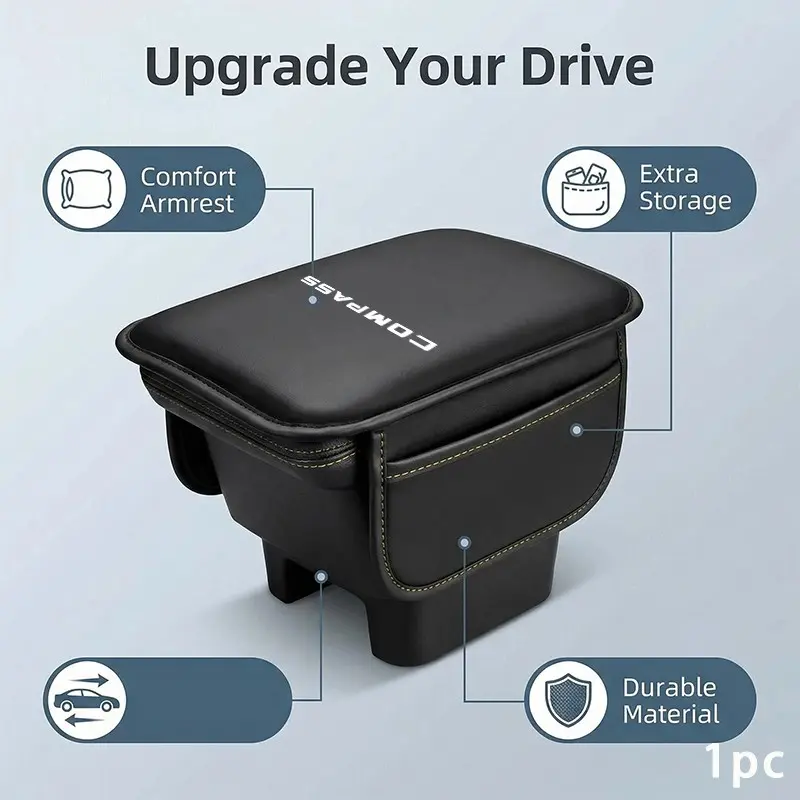 Jeep Compass Center Console Pad, Multi-Pocket Storage, PU Leather, Stain-Resistant, Easy Install, for Men and Women
