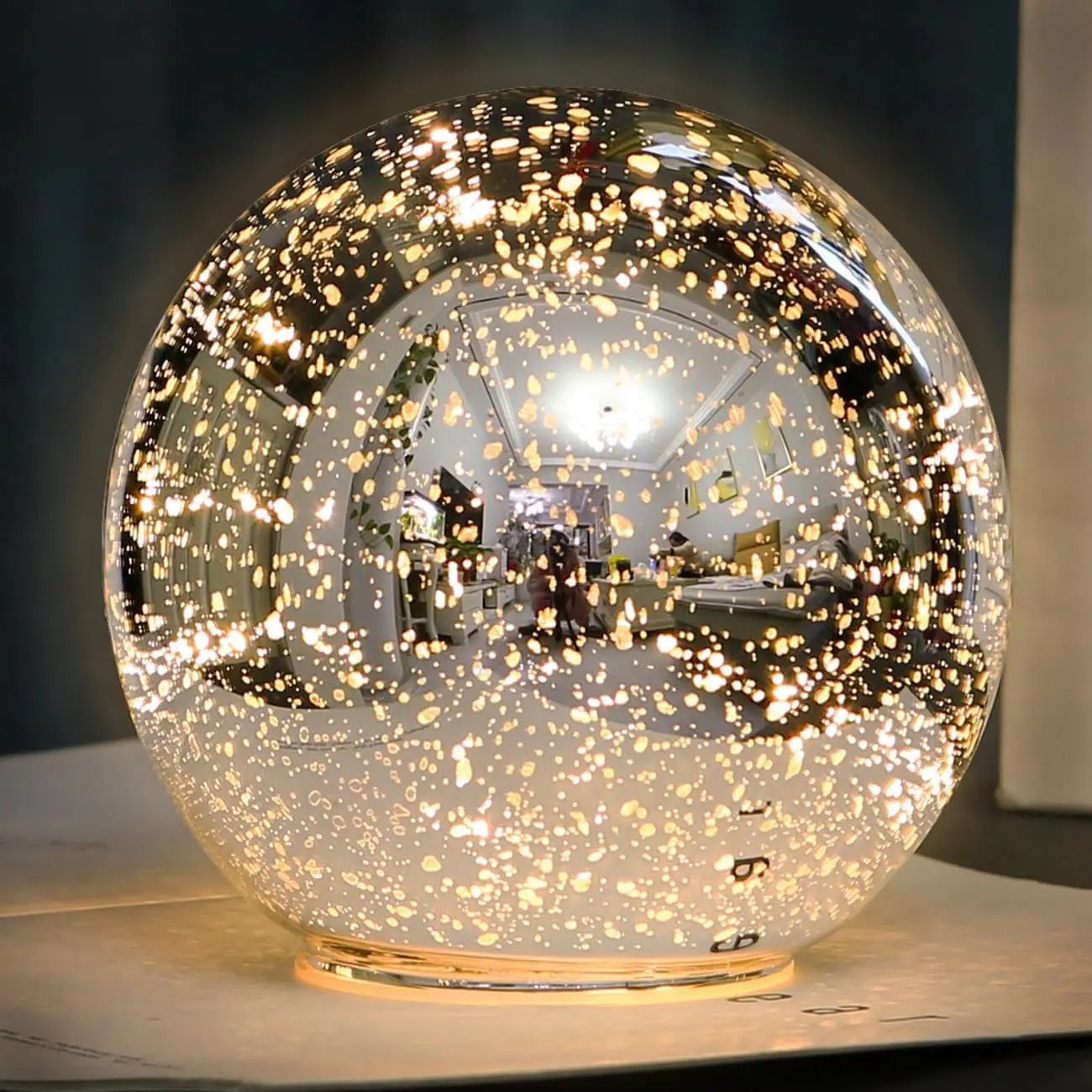 Mercury Glass Ball Lamp with Timer,  Cordless Glass Orb Christmas Decor Globe Led Table Light, Modern Light Up  Operated Sphere Night Light for  Bedroom Indoor Decor, Small