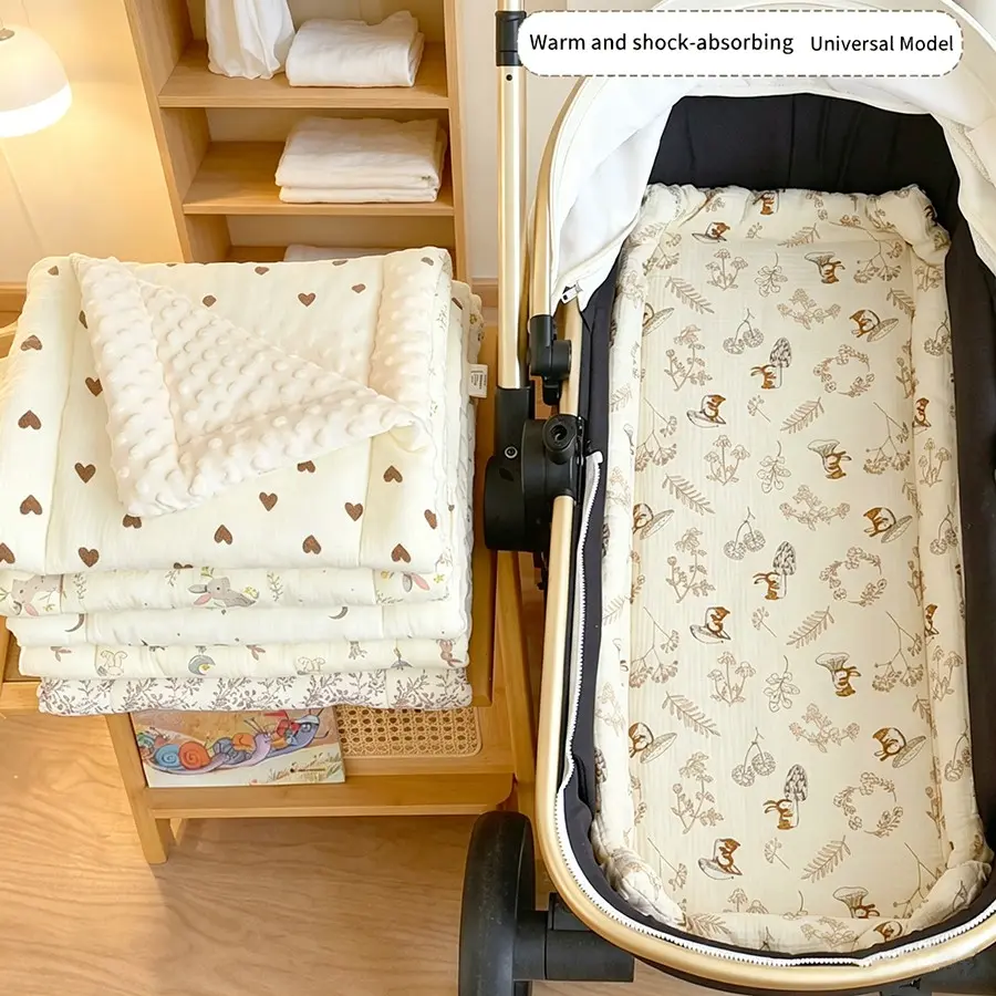 Double-Sided Baby Stroller Pad, Cartoon Print & Soft Plush, Breathable, Warm, Shock-Absorbing, All-Seasons, 1pc