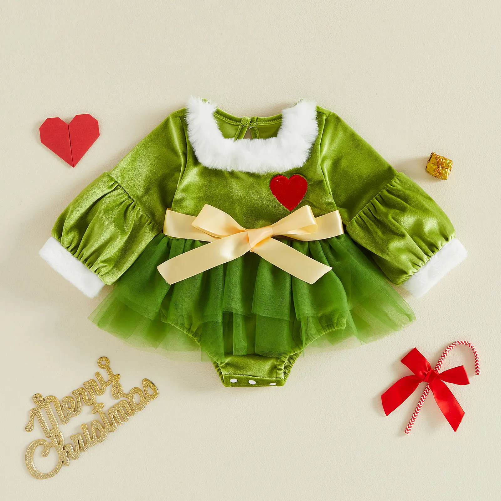 FOCUSNORM Newborn Baby Girls Grinch Green Velvet Fuzzy Collar Red Heart Bow Sash Tulle Tutu Long Sleeve Romper Dress Christmas Costume 0‑18M