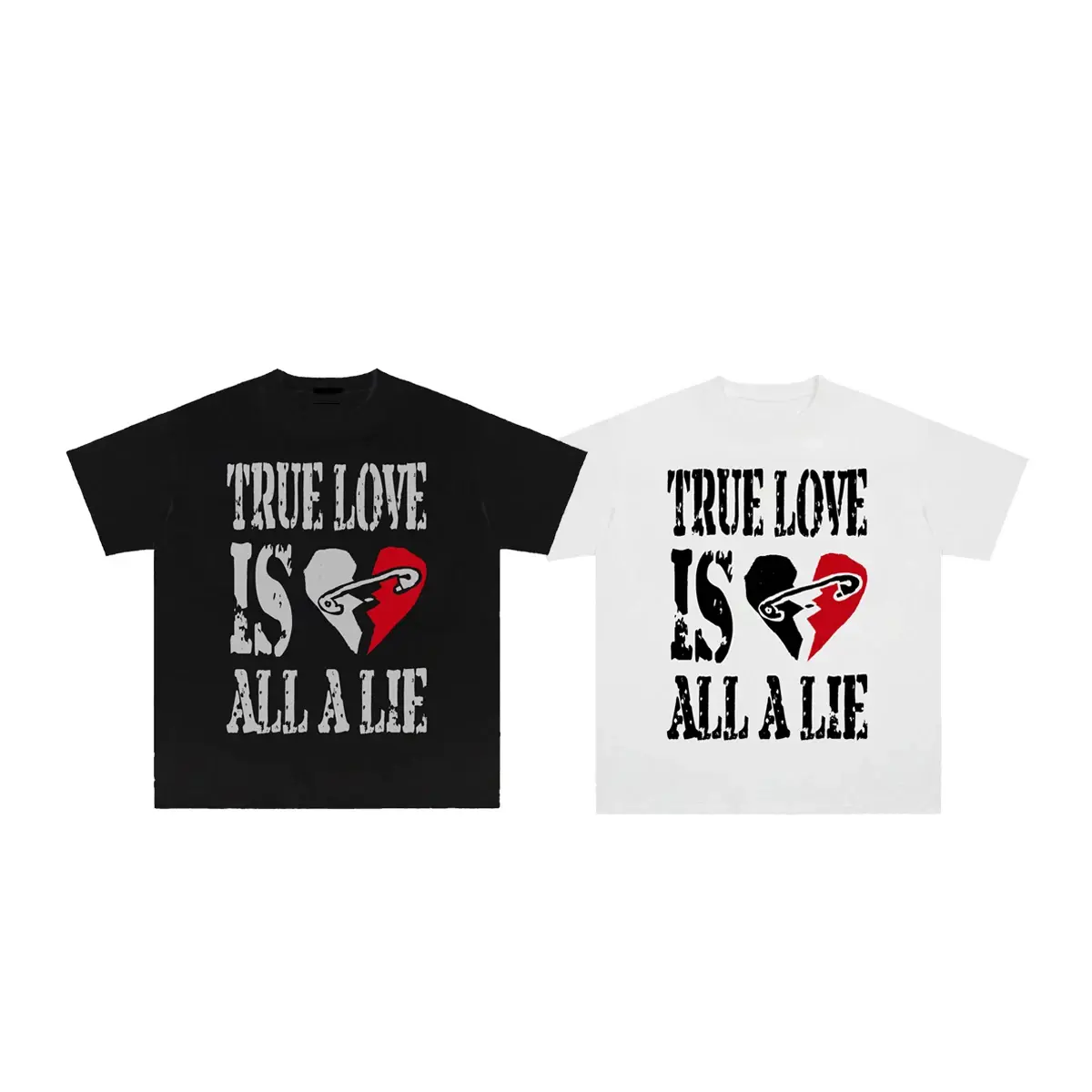 Men's T Shirts Good Casual Cotton Graphic Tees, True Love Is All A Lie Broken Heart Slogan Print Short Sleeve Graphic Clothing, Edgy Y2K Aesthetic Unisex Top Tee, Oversized Crewneck Streetwear Tee, Trendy Grunge Outfit For Men Women Daily Wear