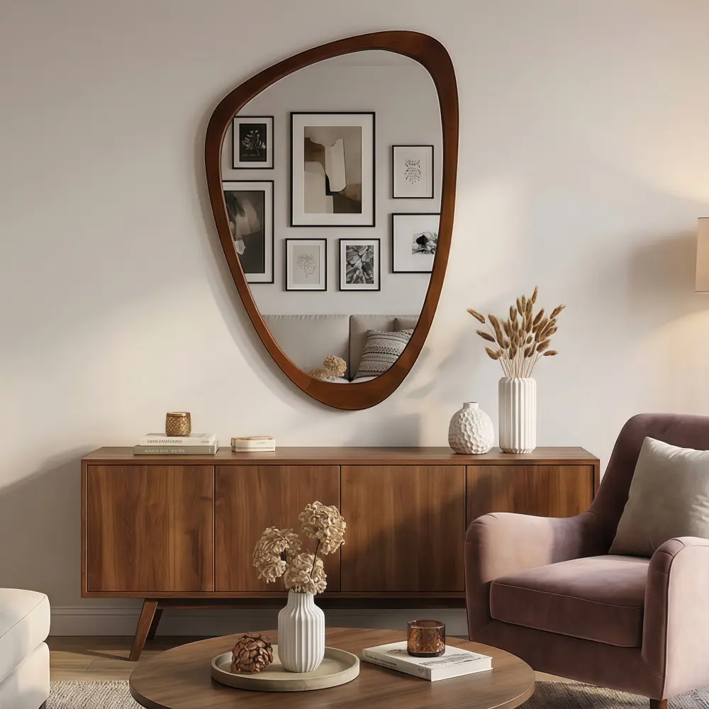 Littleox Black Walnut Wood Color 24"x36" Irregular Solid Wood Frame Decorative Mirror,For Bedroom, Bathroom, Living Room, Entryway