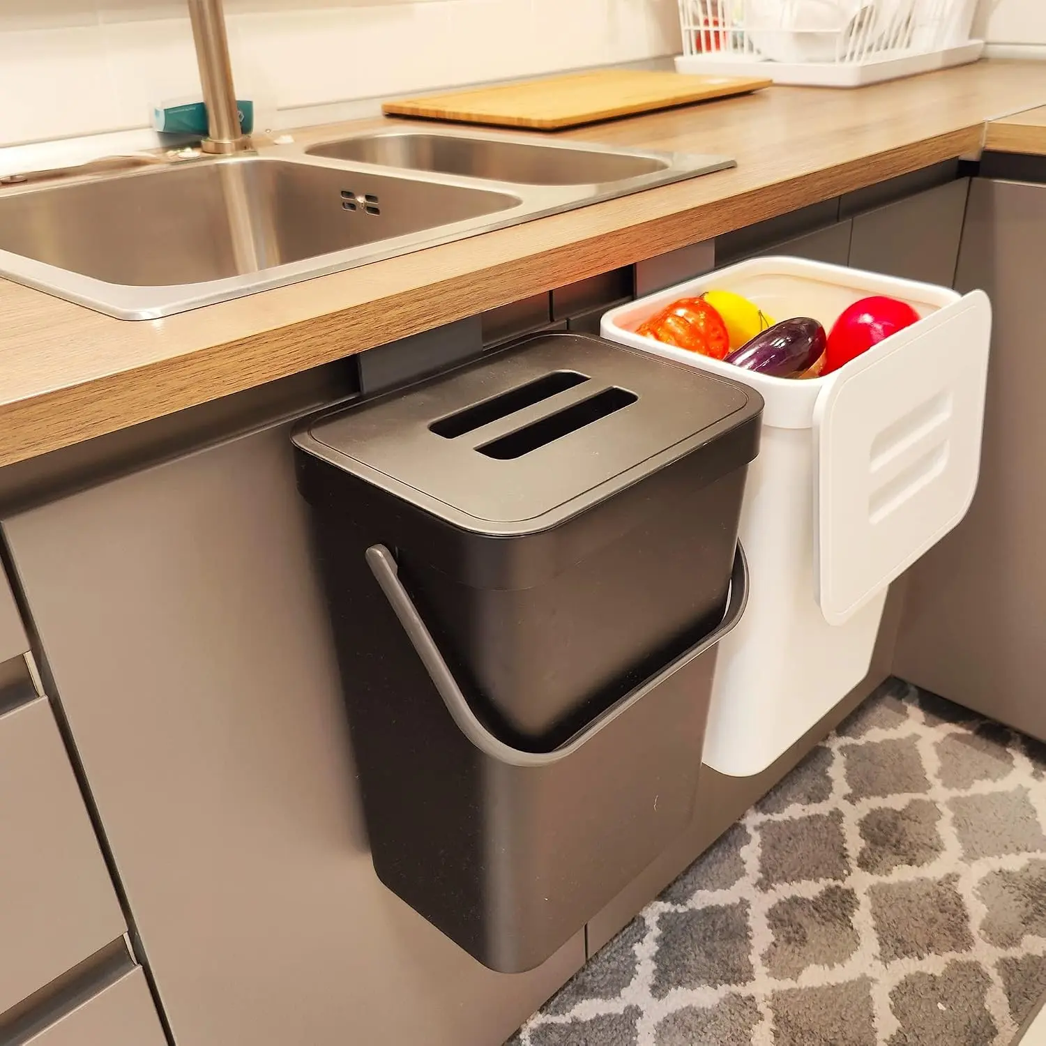 Under Sink Trash Can，Kitchen Compost Bin, 3.2 Gallon/12L, Black | Hanging Garbage Can for Kitchen/Bathroom/Cupboard,Wall Mounted, Plastic Food Waste Bin, RV Trash Can