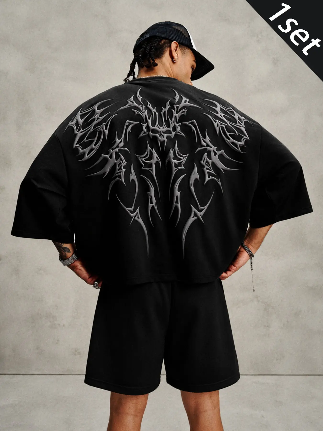Men’s 2-piece cropped loose knit set: short-sleeve tee + shorts with dark tribal totem prints. Y2K, gothic dark streetwear fit for festivals, street snaps, rapper style, Halloween, couple matching & holiday gifts.