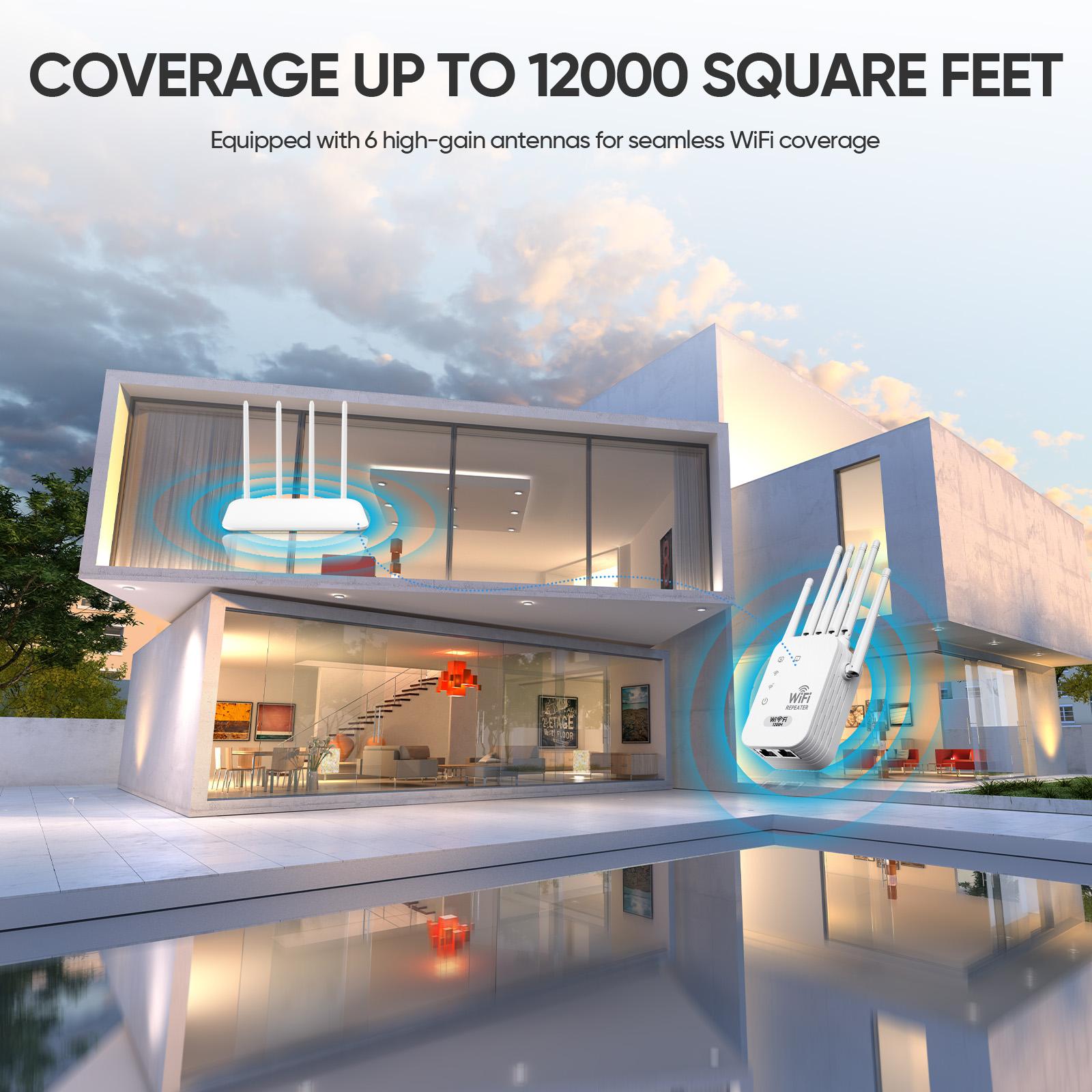 WiFi Extender 2025, 6-Antenna Strong Signal, 1200Mbps Dual-Band (5GHz/2.4GHz) Booster, Covers Up to 12,000 sq. ft & 100 Devices, Repeater with Gigabit Port & AI Connectivity, Ideal for Home, Remote Work, and VR Spaces Wifi Control