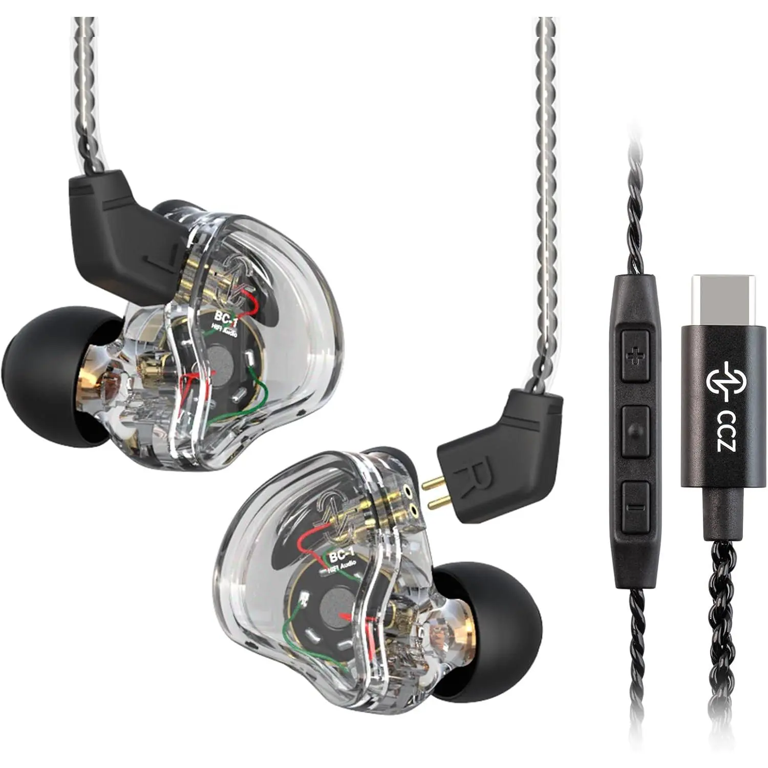 CCZ Melody USB C Headphones Wired Type-C Ear Monitor, Professional USB C Wired Earbuds Gaming Earphones with 1BA 1DD Patent Ear fins Ear tips for Singer Musician Stage (Clear Black, USBC-With Mic)