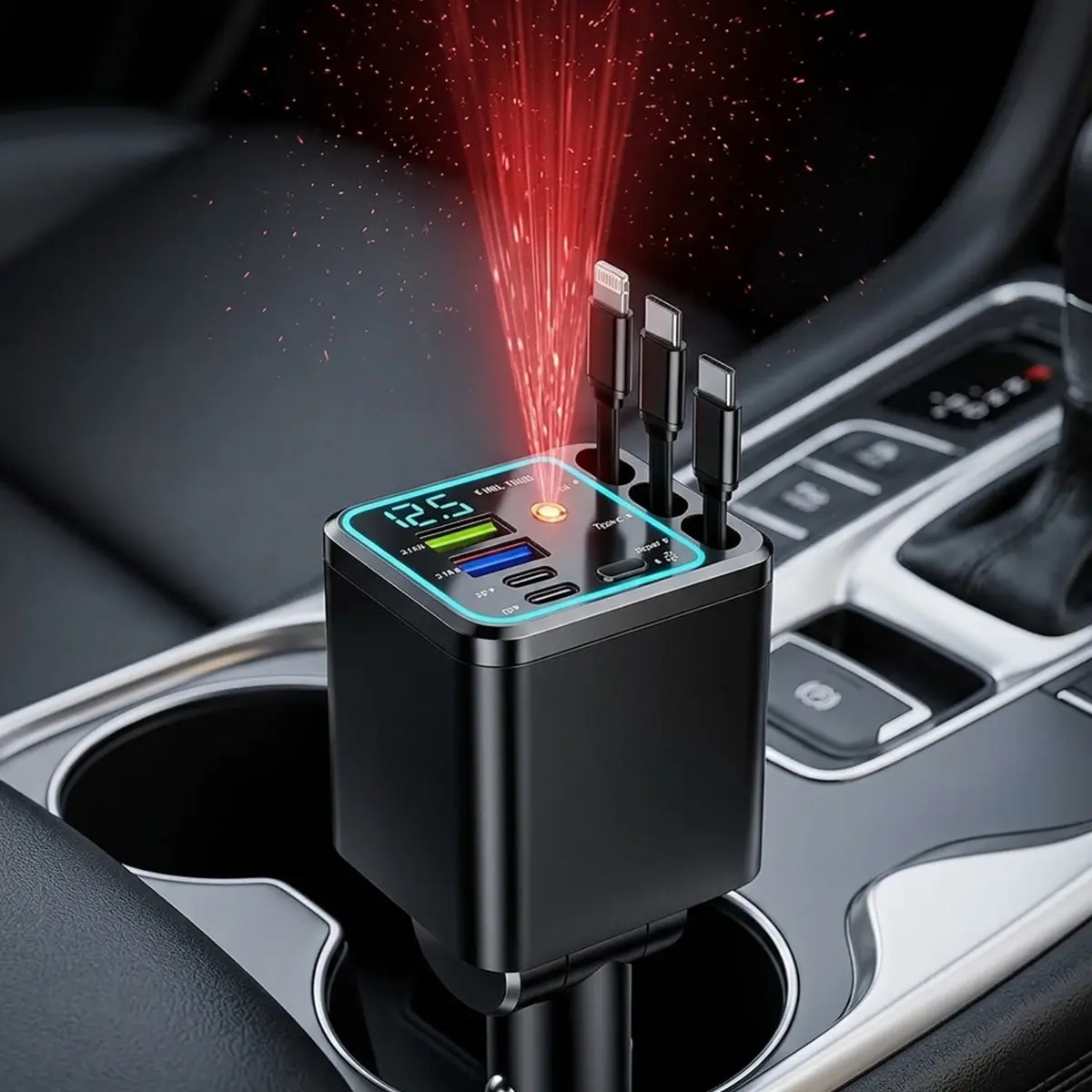 Ultimate Power Station for Phone, Car Charger with Starry Sky Projector – 66W USB-A + 20W PD Fast Charging, Retractable Dual Type-C Cables, RGB Atmosphere Lamp, Digital Voltage Display, Power Hub for Phone Pad Laptop, 180° Rotating