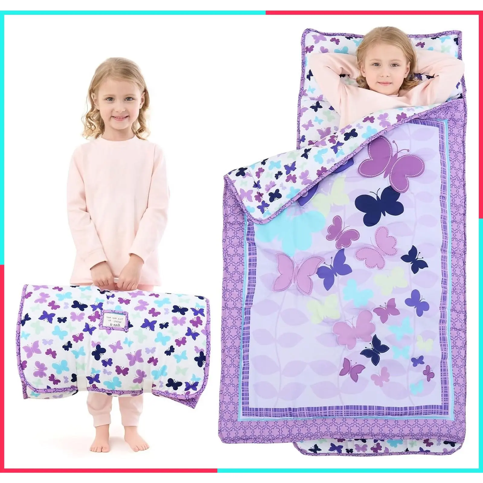 Butterfly Toddler Nap Mat for Girls with Removable Pillow and Blanket, 53x21 Toddler Sleeping Bag for Preschool Daycare