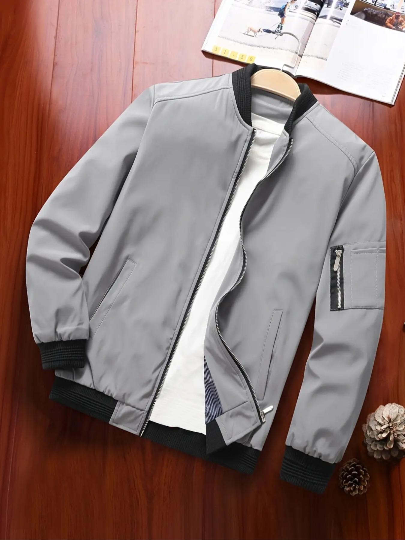Men's Zipper Pocket Baseball Collar Varsity Jacket, Bomber Jacket Coat, Regular 2024 Mens Jacket, Casual Solid Color Baseball Jacket, Mock Neck Jacket, Going Out Outfit, Men's Streetwear Outerwear for Fall & Winter, Fall Clothes