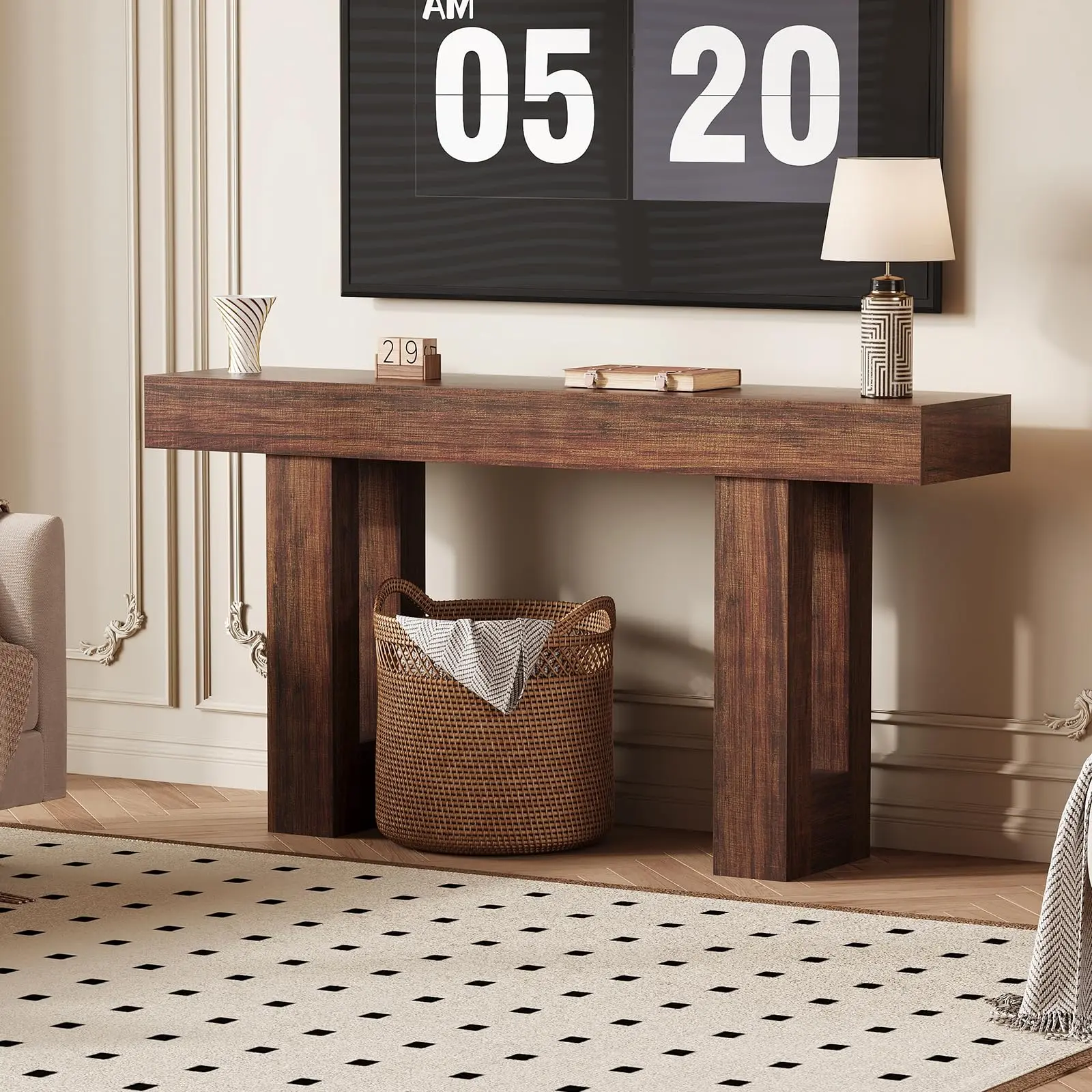 Garvee 63 in Rectangular Farmhouse Chic Sofa Console Table - Built-in USB Ports, Type-C Ports, Electrical Outlets for Entryway Charging Convenience