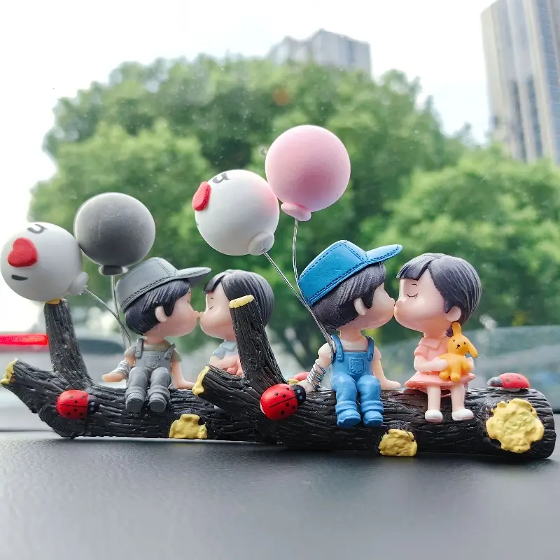 Tree Branch Vehicle Interior Decoration with Couple Figurines, Ladybug, Love Balloon - Blue Gray Love Theme Ornament for Center Console, Dashboard, Parent-Focused Car Accessory