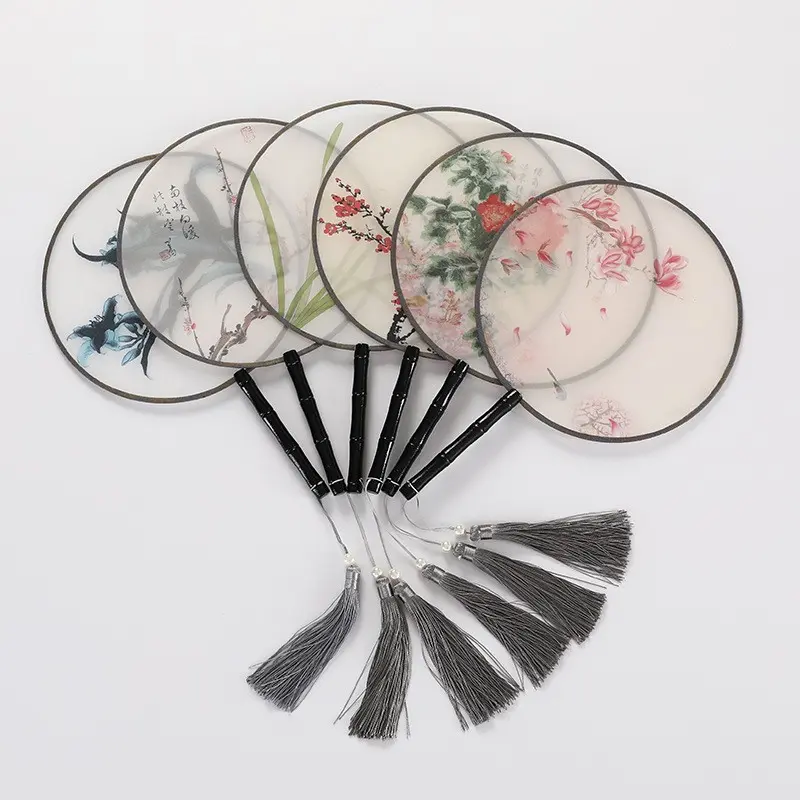 Round Silk Hand Fan for Women, Traditional Chinese Style Decorative Accessory with Bamboo Handle, Double-Sided, 33x21cm, Embroidered, Double Sides, One-Piece, Outdoor Events
