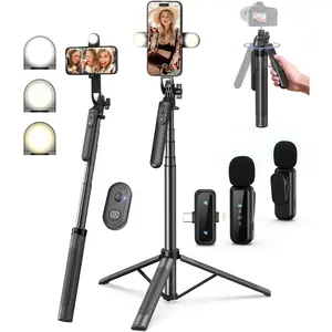 Vlogging Kit for iPhone/Android, 71" Selfie Stick Tripod for iPhone with Light, Wireless Remote & Microphone, Adjtable Phone Tripod for TikTok/YouTube Starter Content Creator Essentials Kit
