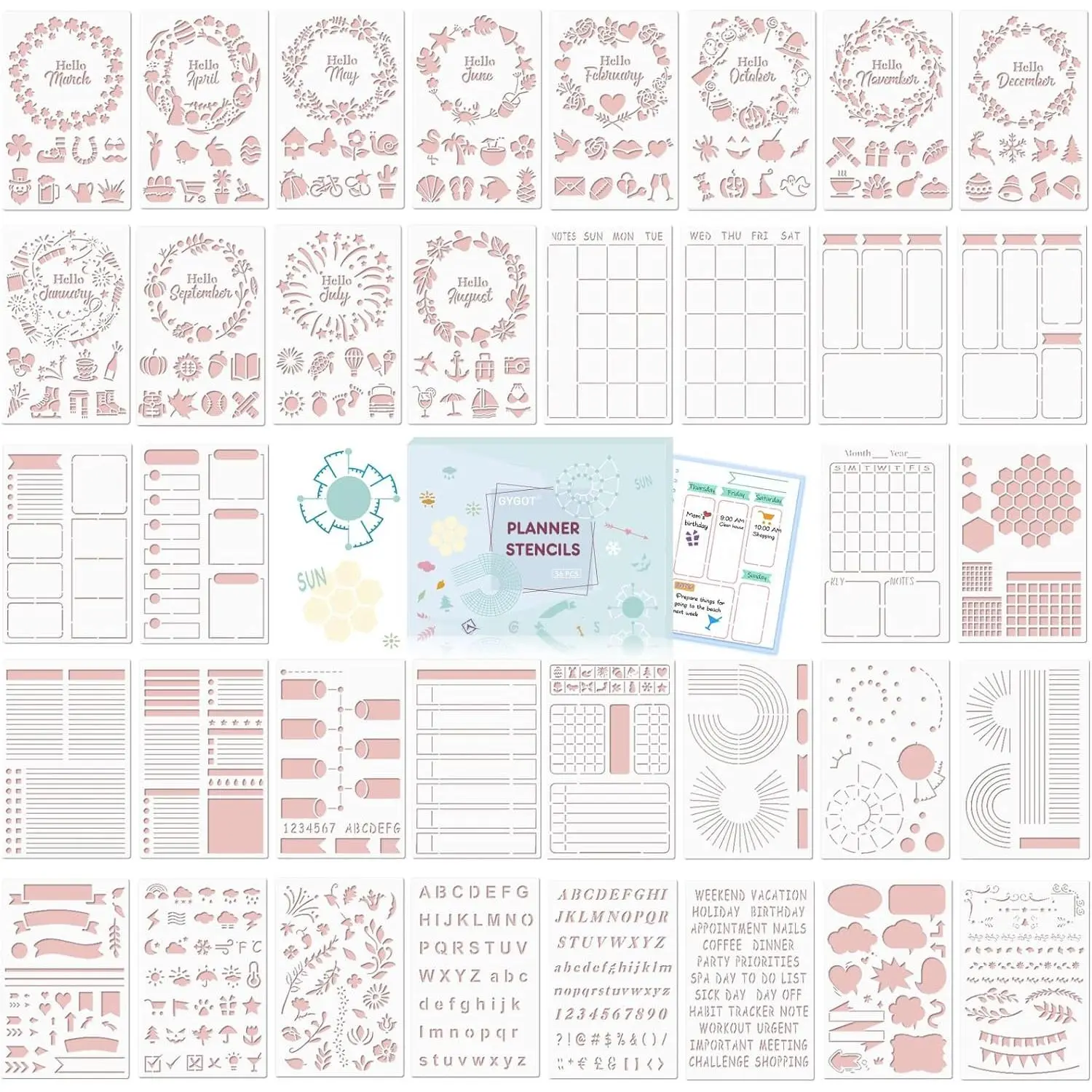 36 count Planner Stencils,Plastic  Journals Stencils Journaling Supplies Bujo Accessories for A5 Dotted Journals,Incl.  Productivity/Seasonal Themes/Calendar Stencil