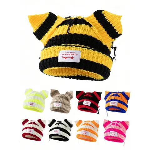 Women's Acrylic Hollow-Out Ear Flap Knitting Beanie - 1pc Trendy Hat, Unisex Plain Solid Casual Fashion Accessory with Cute Letters Label Detail, Ideal for Autumn Winter Daily Wear & Travel