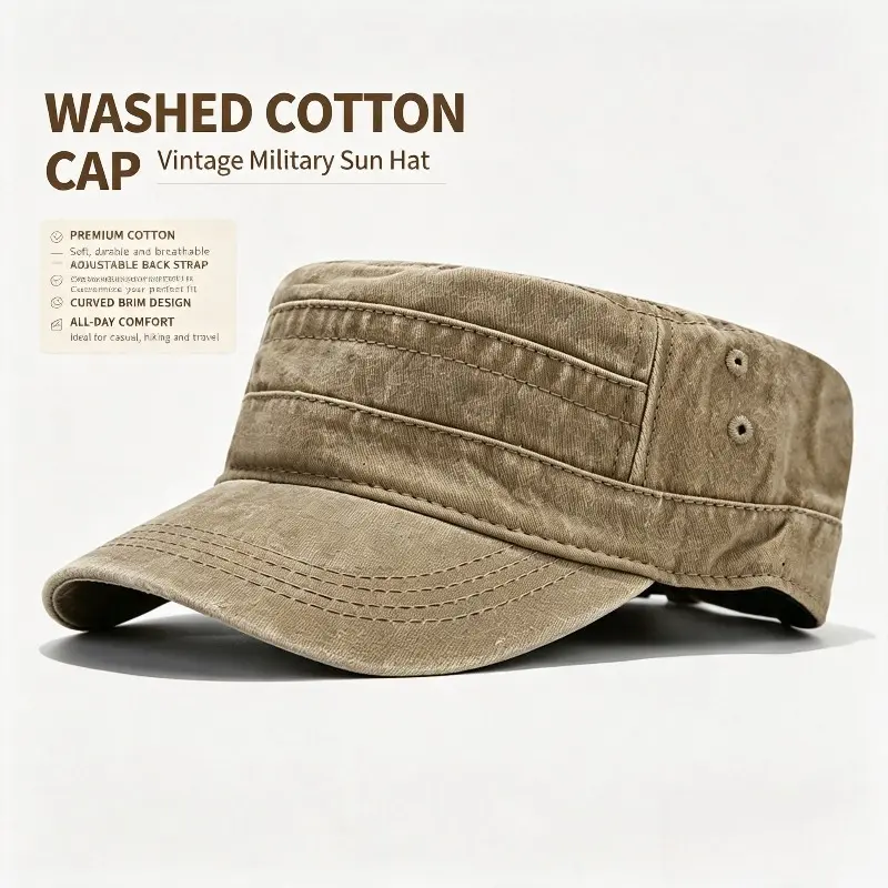 British‑Style Vintage Washed Flat‑Top Cadet Cap, Viral Solid Plain Military Army Hat, Short‑Brim Sun‑Shading Peaked Cap, Distressed Soft Cotton Unisex Headwear, Adjustable Fit for Outdoor Drills, Hiking & Casual Street Outfits