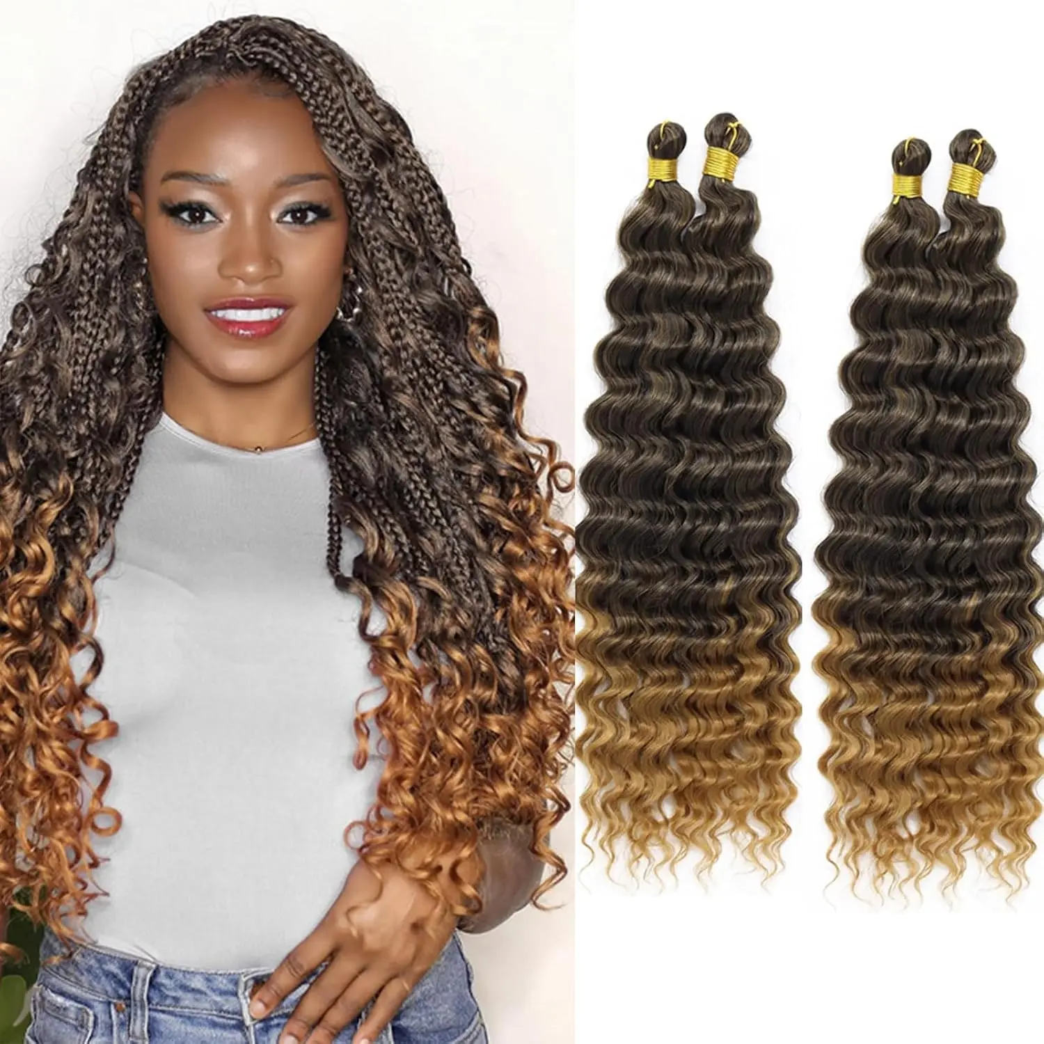 Human Braiding Hair Mix Synthetic Curly Boho Hair for Braiding, 16 Inch Boho Braids 4  110g/Bundle Wet and Wavy Deep Wave Bulk Extensions for Black Women (T1B/27, 16 Inch 4 )