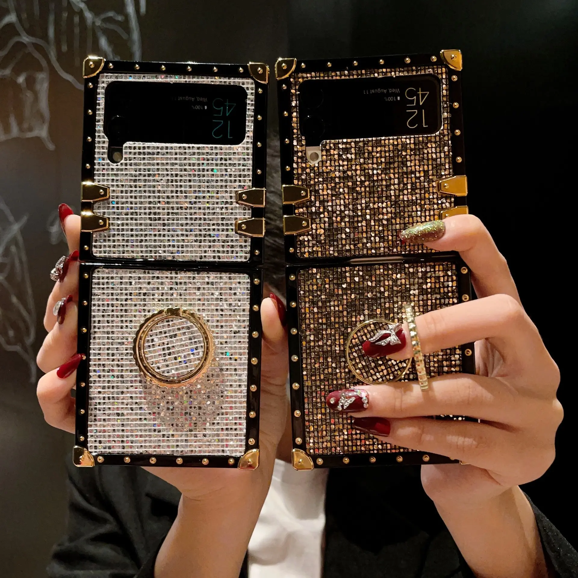 Compatible with Z Flip8/Z Flip7/Z Flip7 FE/Z Flip6/Z Flip5/Z Flip4/Z Flip3 | Glitter Sequins Phone Case With Ring Holder Full Wrap Shockproof Flip Cover HNZ0577