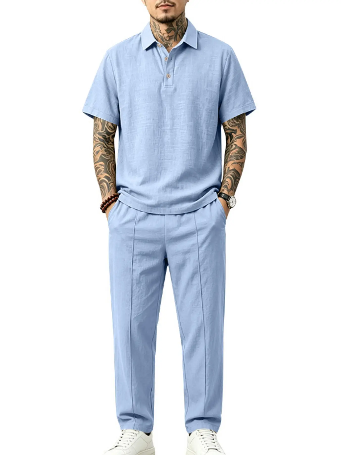 Men's multi-color linen Polo shirt and pants set, a casual short-sleeved two-piece outfit, paired with front and middle seam pants, suitable for daily and light business wear, the perfect gift for him Gift