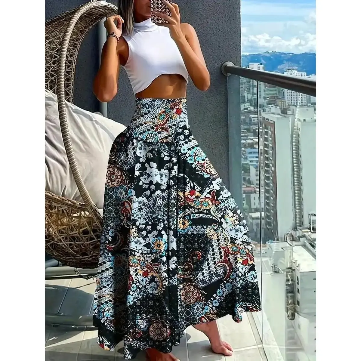 Women's Modest Islamic Ethnic Pattern Shirred High Waist Wide Leg Palazzo Pants, Bohemian Casual All-Season Bottoms for Daily Holiday Wear