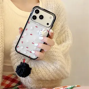 Cute Cherry 3D Bunny Clean Phone Case for iPhone 13 14 15 16 Pro 12 Pro Max 17 pro Cover with Plush Charm Funda Protective Cases