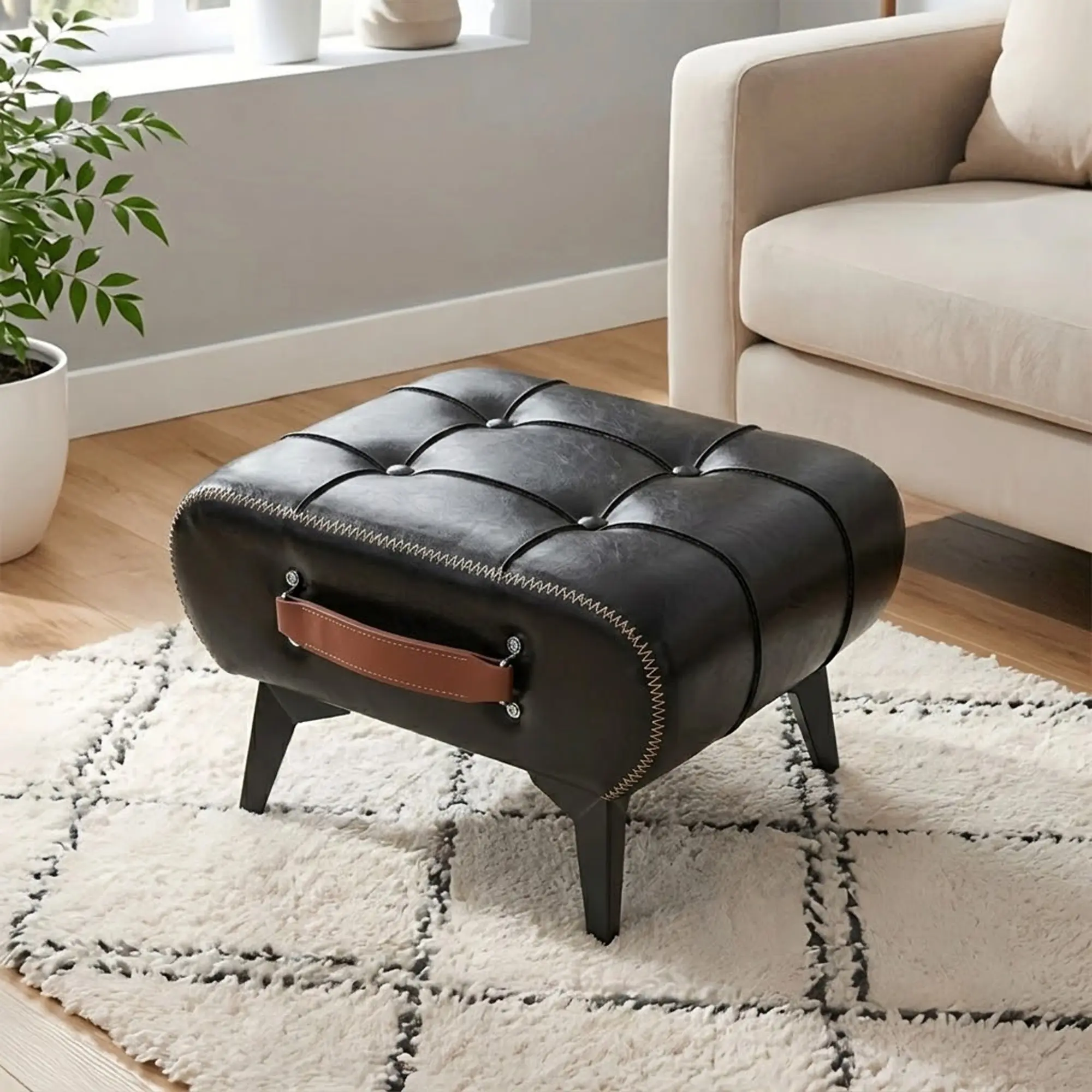 ARCH Modern Minimalist Leather Storage Ottoman Footstool with Hidden Storage Space, Portable Handle, Metal Legs, Square Foot Rest Stool for Living Room, Bedroom, Entryway, Multiple Color Options, Living Room Table for Sofa Side, Bedroom, Office