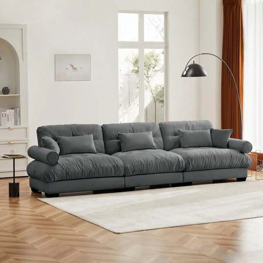Rhomtree Extra Large 3 Seat Modern Velvet Sofa, Oversize Sofa, Clould Like Comfortable Seat And Back Support With Waist Pillows And Throw Pillows