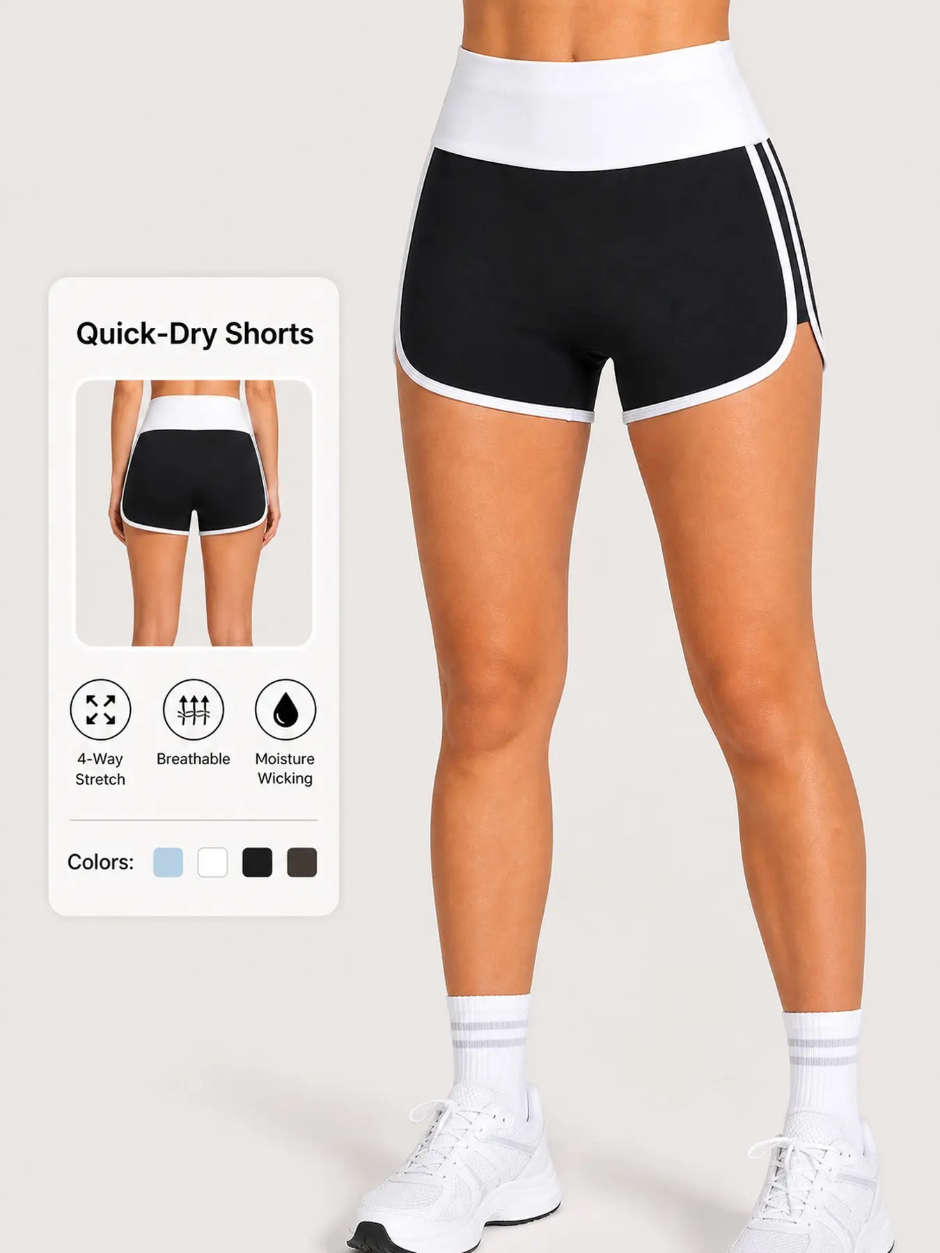 Women’s High Waisted Quick-Dry Running Shorts, 4-Way Stretch Moisture-Wicking Athletic Workout Shorts with Side Slit & Contrast Trim, Black/White，gym shorts, Dry Fit Shorts