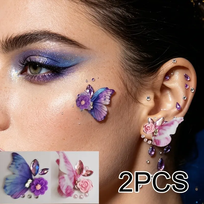 Two Pairs Self-Adhesive 3D Glitter Face Stickers, Wing Eye Decorations, Essential for Music Festivals, Stage Makeup, Nightclub