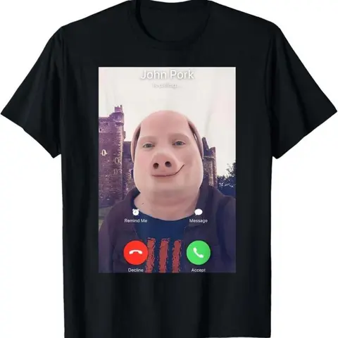 Women's 100% Cotton Retro "John Pork Is Calling" Graphic T-Shirt - Elastic Knitted Short-Sleeve, Smooth Ribbed Seamless Crew Neck, Humorous Bold Print Style Top with Straps for Casual/Party Wear