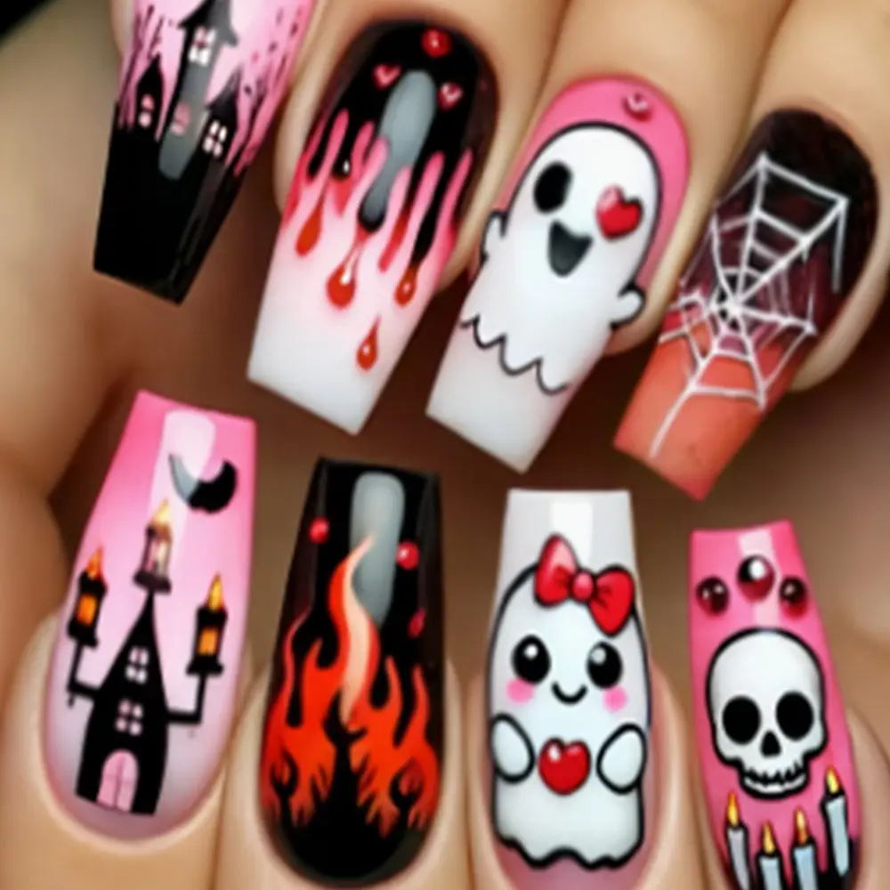 Halloween 24pcs Long Coffin Press-On Nails, Flame Ghost Skull Spider Design, Acrylic Set Includes Jelly Glue and Nail File