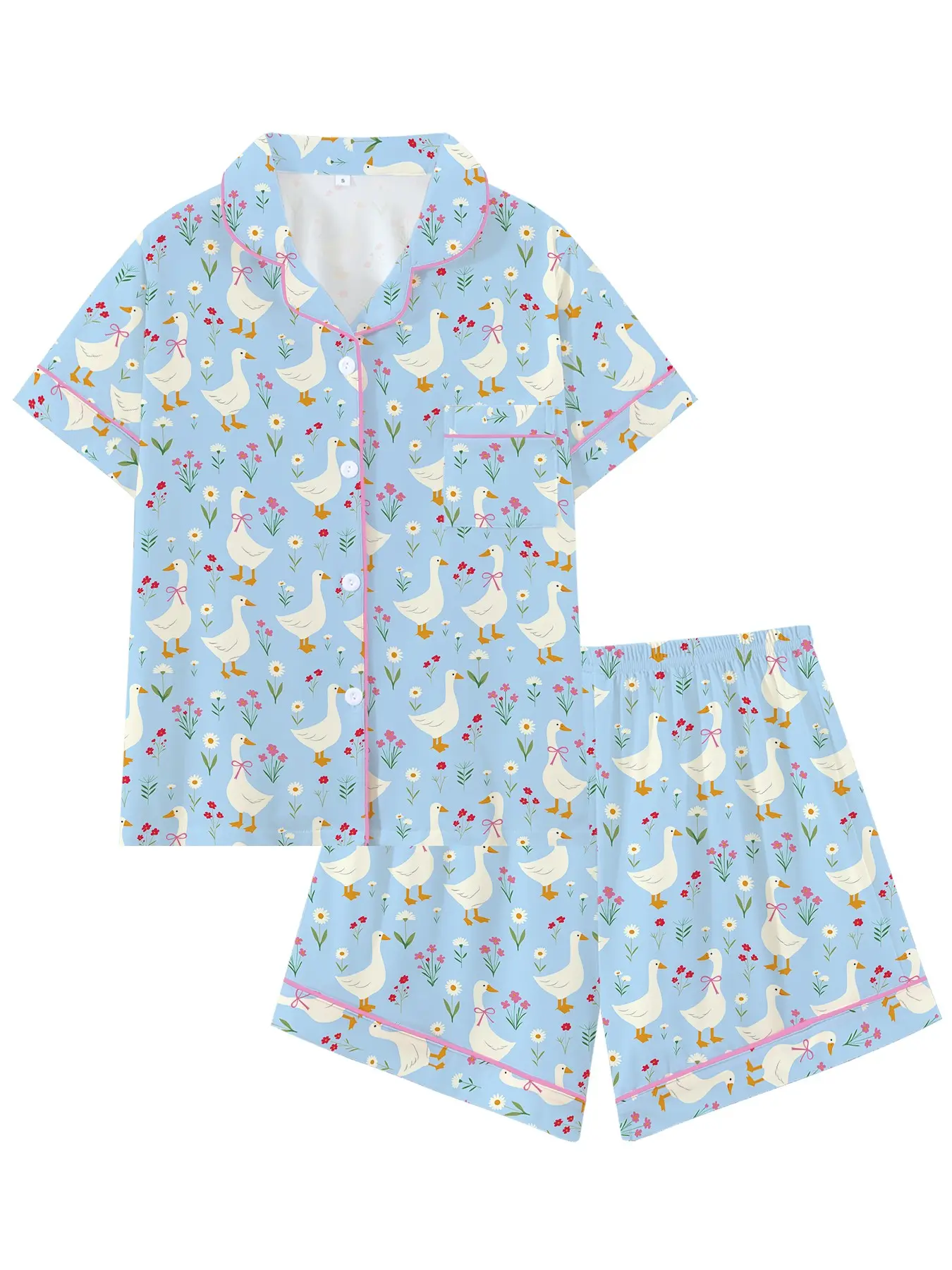 Women's Floral and Duck Print Pajama Set, 2-Piece Short Sleeve Lounge Wear, Casual Slim-Fit Sleepwear for Spring & Fall