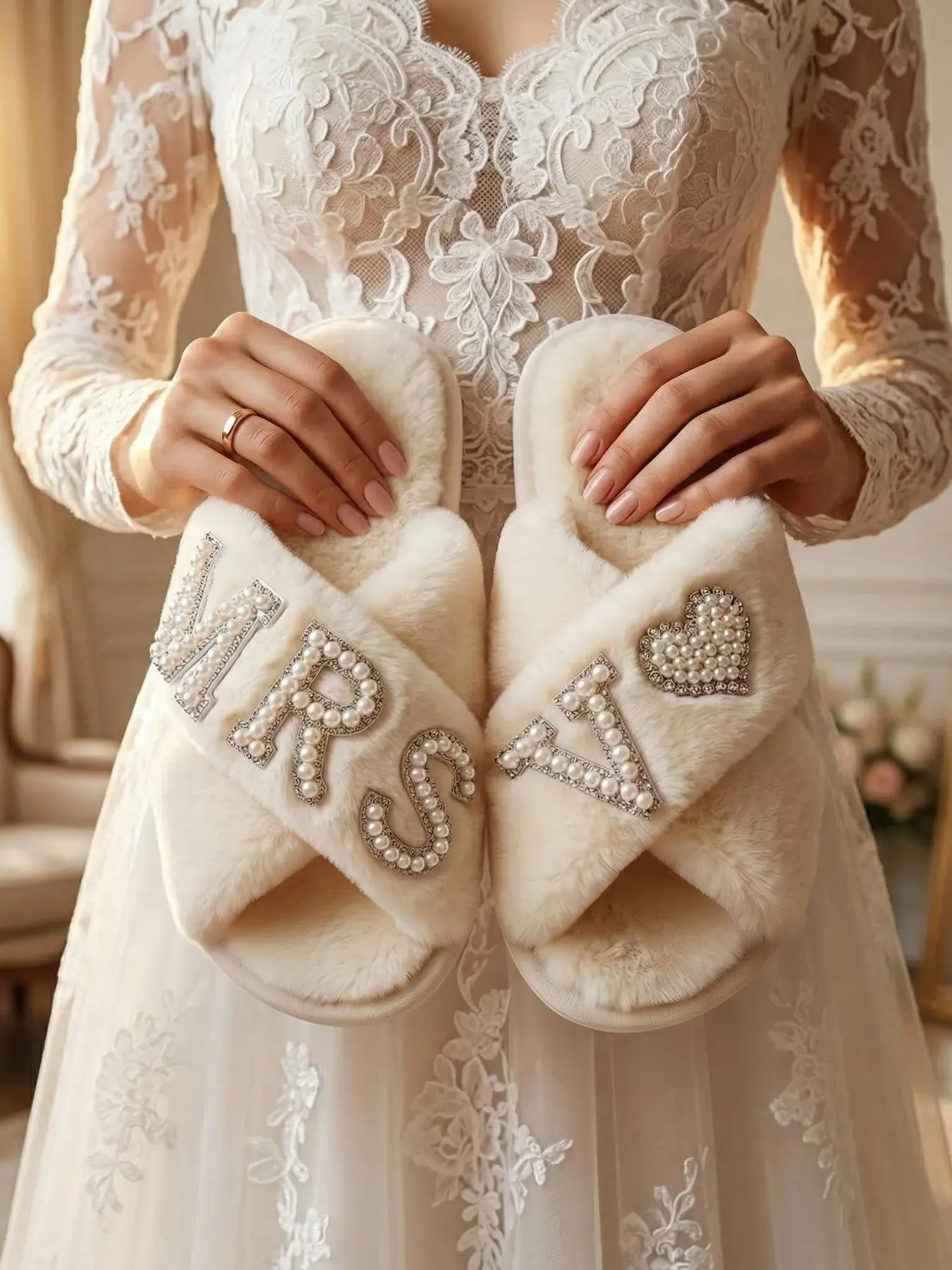 Ivory Cross Band Fuzzy Bride Slippers With Pearl Rhinestone MRS V Letter & Heart Decor, Fluffy Open Toe House Slides, Rhinestone Decorated Slides, Soft Non-Slip Indoor Footwear, Wedding Robe Matching Shoes, Bridal Shower Honeymoon Bridesmaid Gift