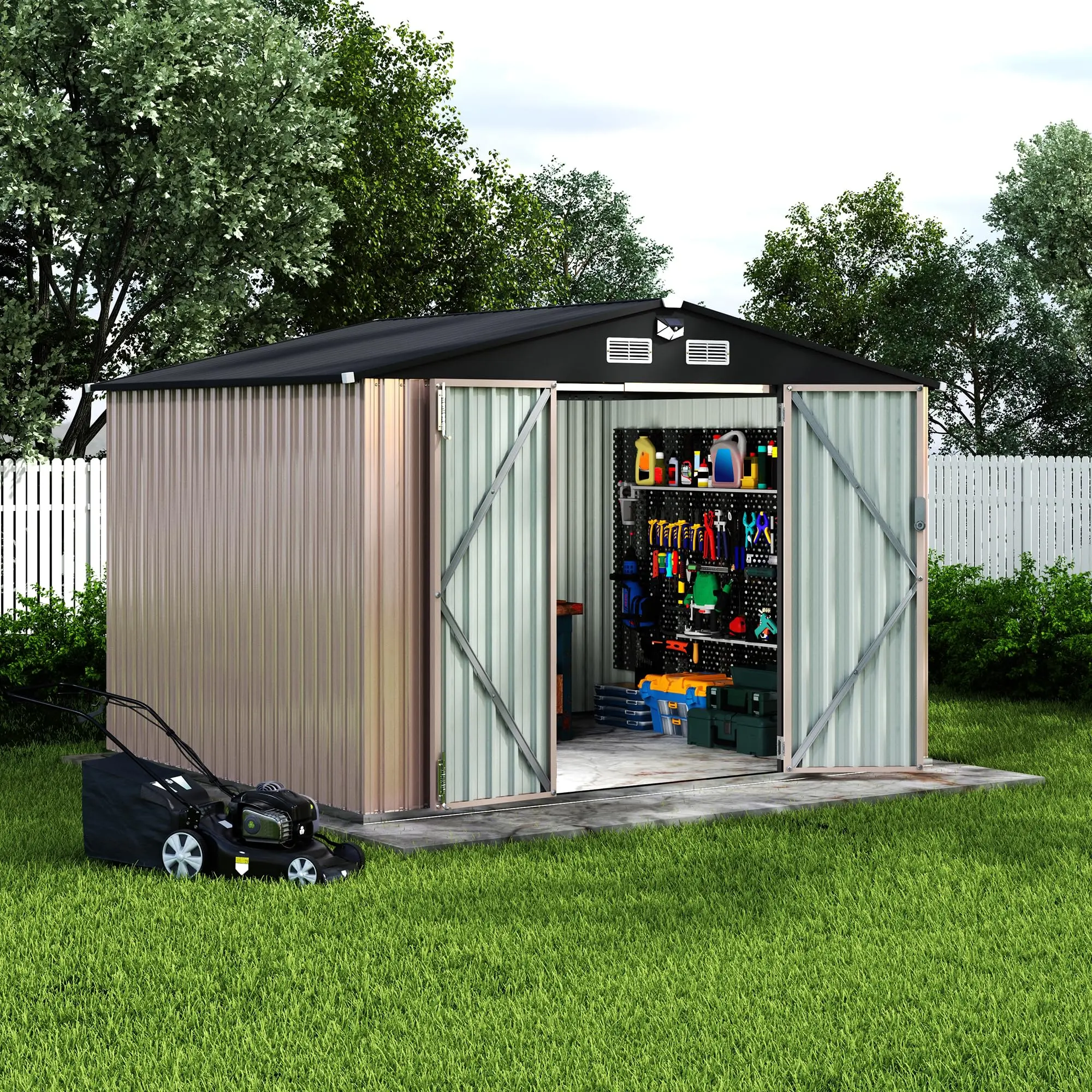 8 x 10 Ft Galvanized Steel Outdoor Storage Shed With Solar Light, Lockable Door, and Air Vents for Garden Gear