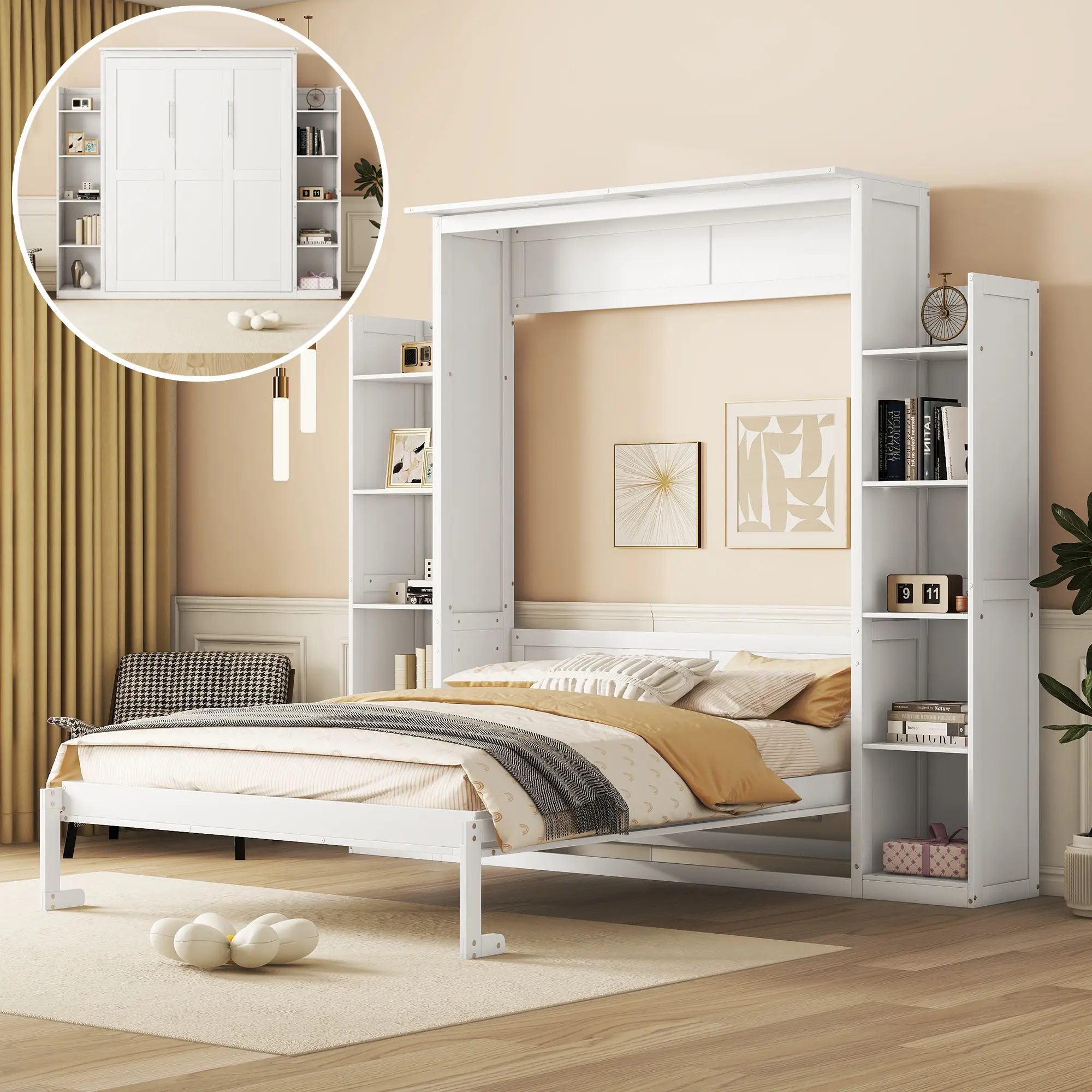 ARCH Queen Size Murphy Bed Wall Bed with LED Lights and Shelves, White Solid Wood+MDF, Space-Saving Folding Bed for Guest Room Home Office, 84.6Wx94.3Dx88.5H in, Cabinet Storage Included, White Color Options, Solid Wood+MDF Material