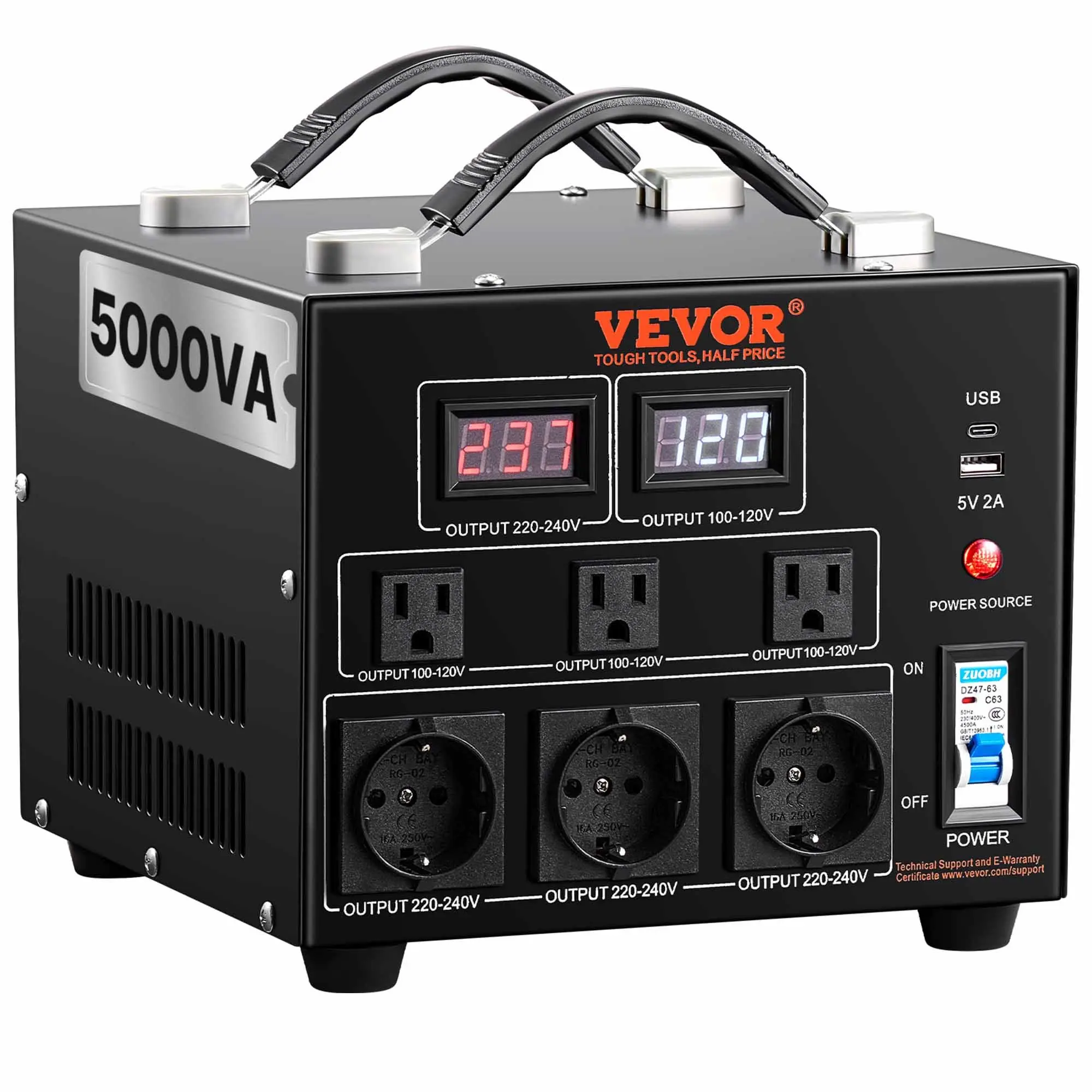 VEVOR Voltage Converter Transformer, 5000W, Heavy Duty Step Up/Down Transformer, Convert from 110 Volt to 220 Volt and from 220 Volt to 110 Volt, with US Outlet EU Outlet 5V USB Port, CE Certified