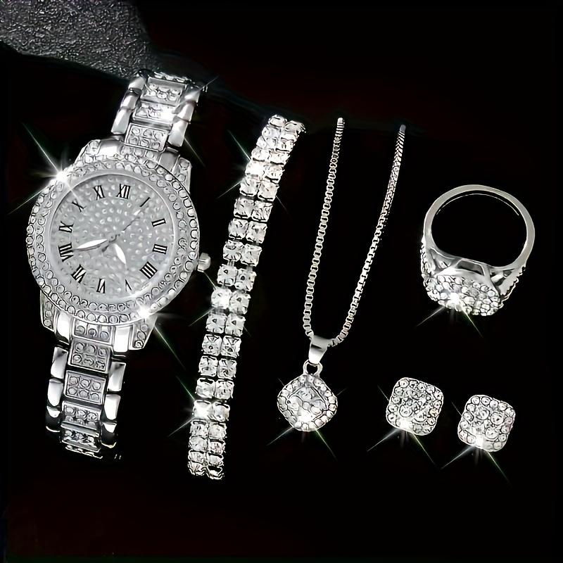 Unisex 5pcs Fashion Jewelry Gift Set - Roman Numeral Quartz Watch With Bracelet, Ring, Necklace & Earrings - Elegant Accessory Set For Birthday, Valentine'S Day, Or Family Gifts
