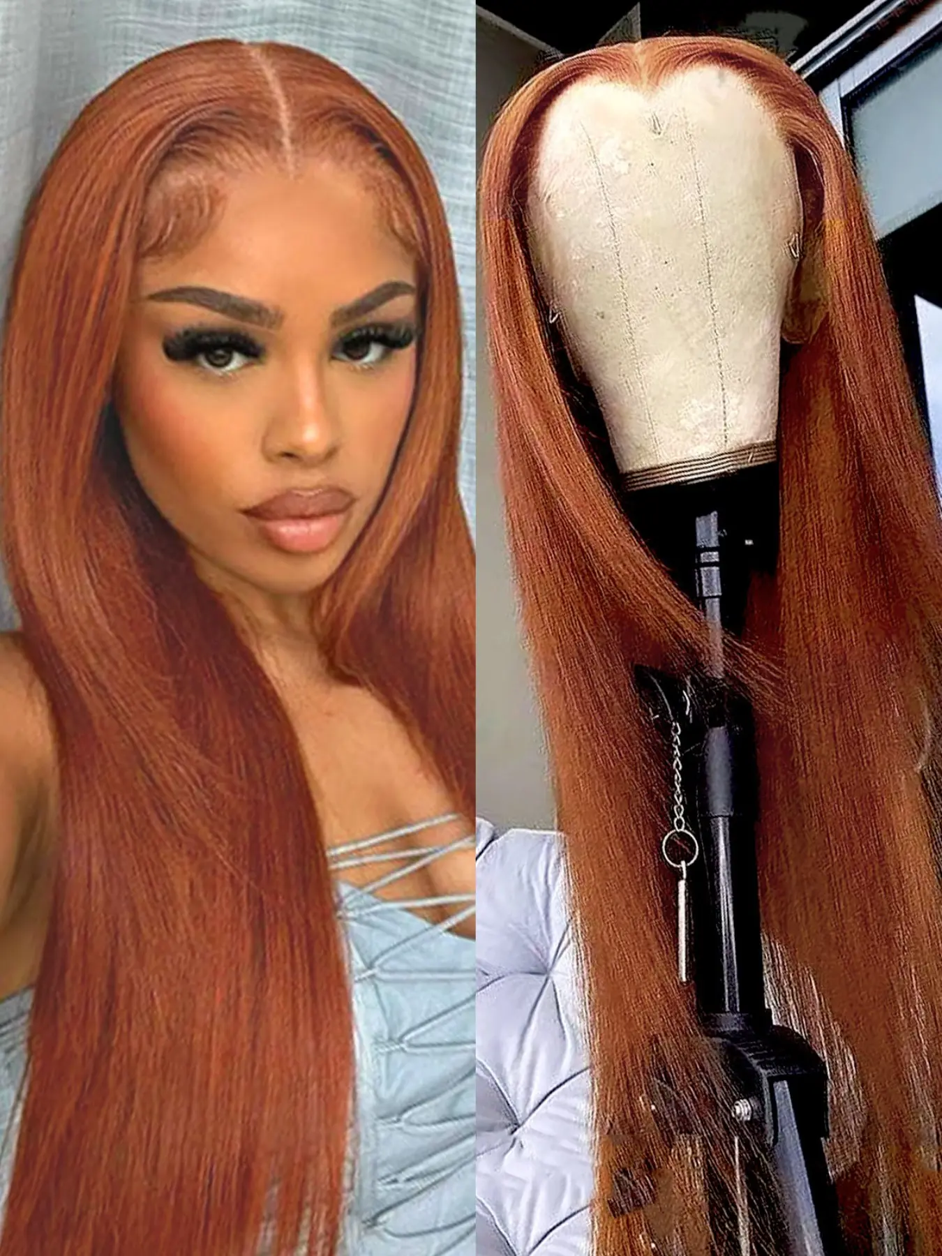 Ginger Orange Straight Synthetic Wig for Women Men Use with Natural Hairline Heat Friendly Lace Fiber Hair Silk Long Straight Glueless Lace Front Wigs for Daily Makeup Use Reddish Orange Hair
