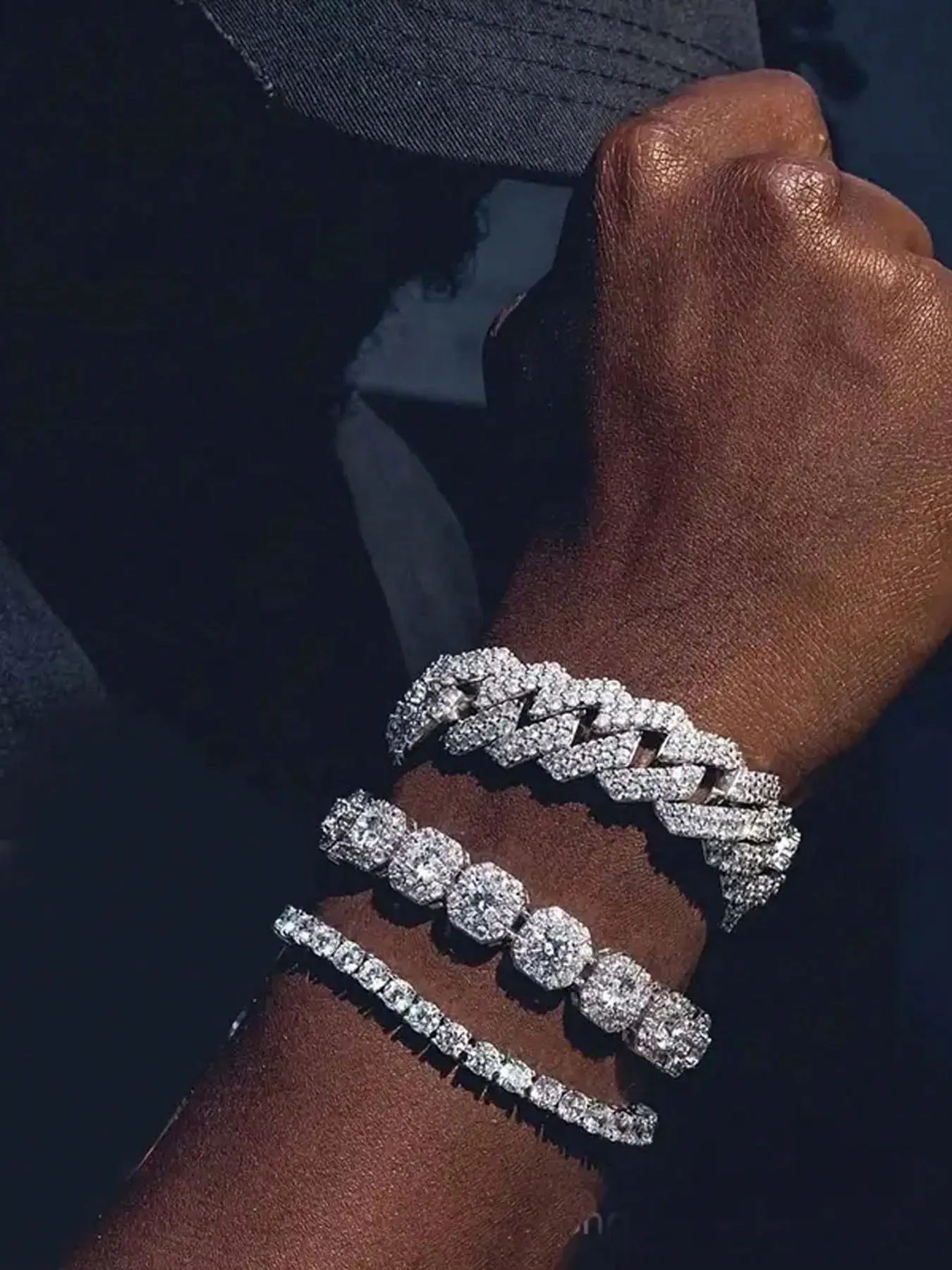 3 pieces / set of shiny Cuban link bracelet chain hip-hop bracelets stack - dance style bracelets - men's and women's identical diamond-studded tennis bracelets - bold design - Thanksgiving, Christmas party, birthday gift, street style layered jewelry