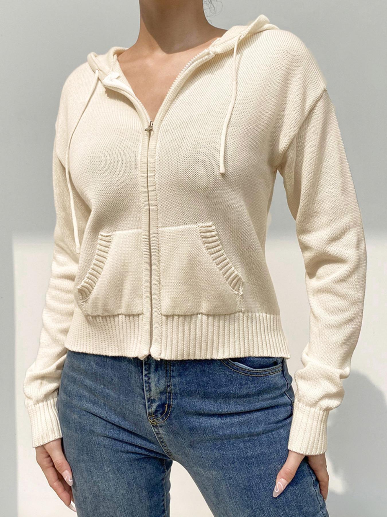 Women's Plain Drawstring Drop Shoulder Zip Up Hooded Crochet Cardigan, Casual Solid Dual Pocket Long Sleeve Outerwear, Women's Clothing