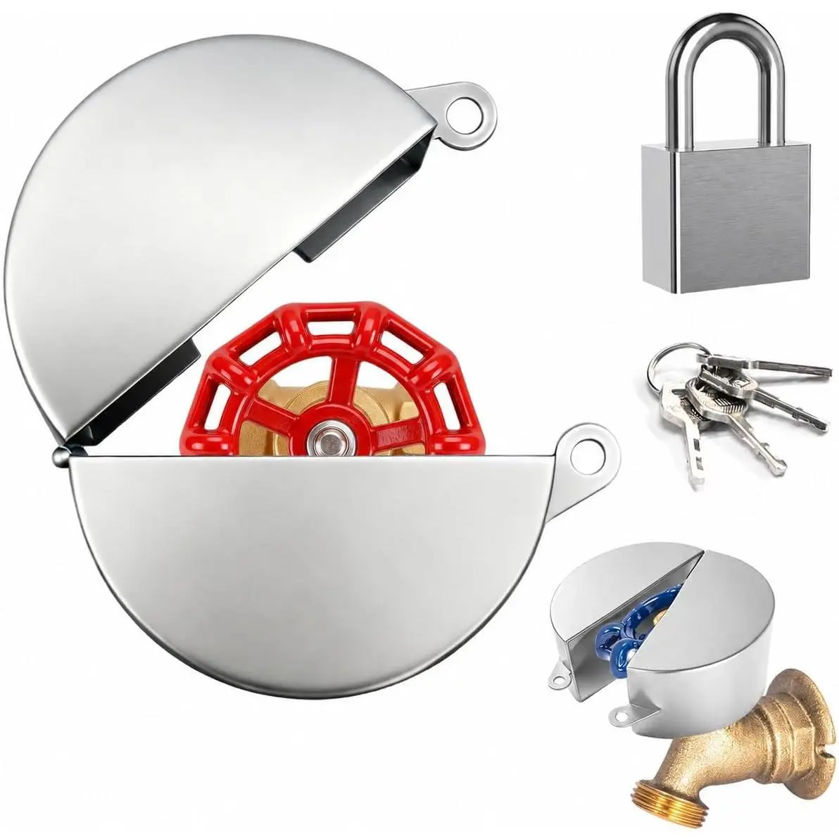 Outdoor Faucet Lock，Water Hose bib Spigot Lock Stainless Steel Cover & Padlock Kits for 1-1/2 to 3 in Dia valvehandles,Faucet Covers for Outside，Prevent Water Theft(Silver)